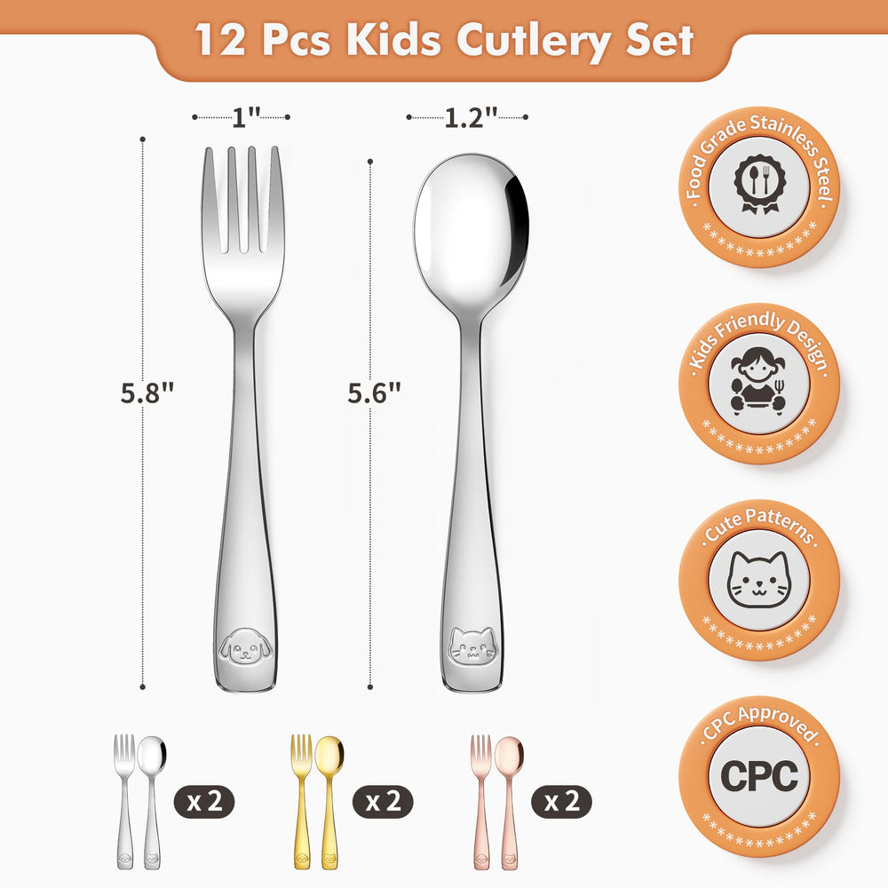 DRKIO toddler utensils show ergonomic handles designed for small hands.