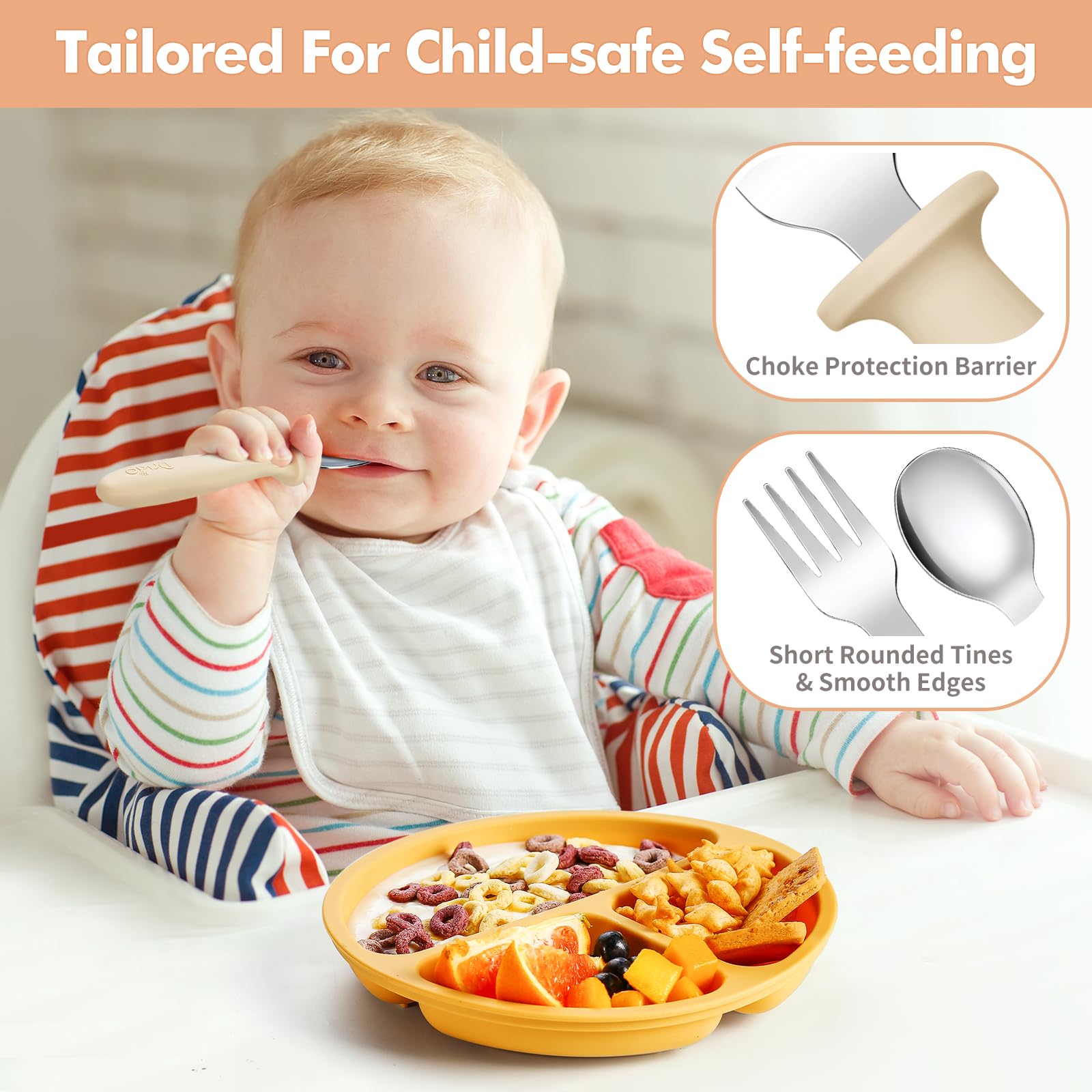 DRKIO ergonomic small-size utensils aid little hands gripping and maneuvering.