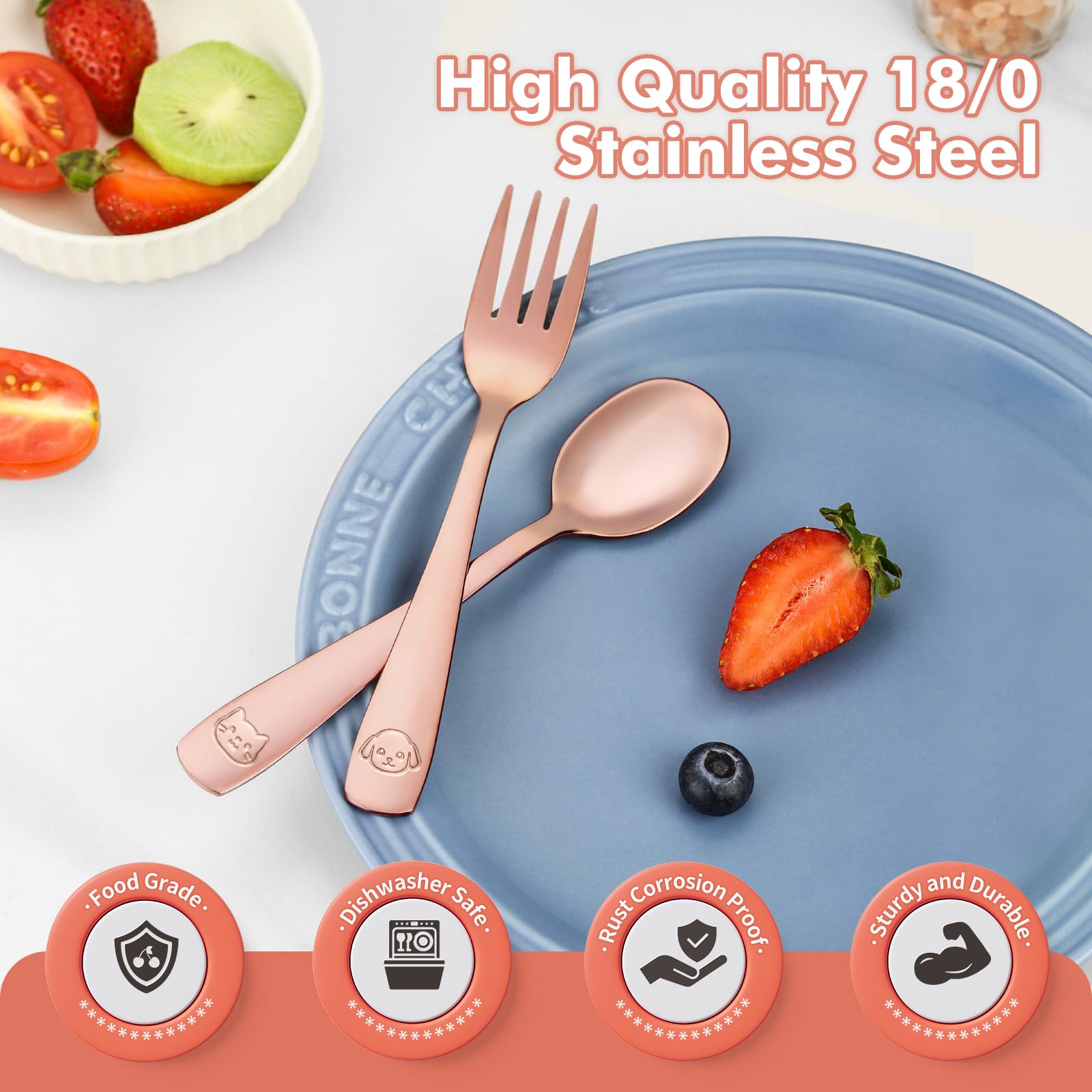 DRKIO toddler utensils with mirror-polished finish for easy cleaning.