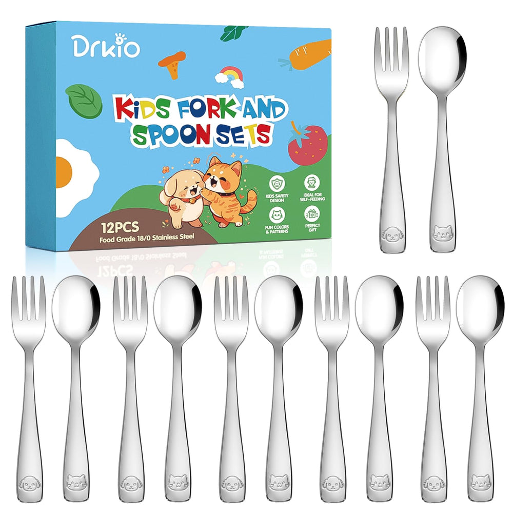 DRKIO toddler utensils set with mirror polished forks and spoons for easy self feeding