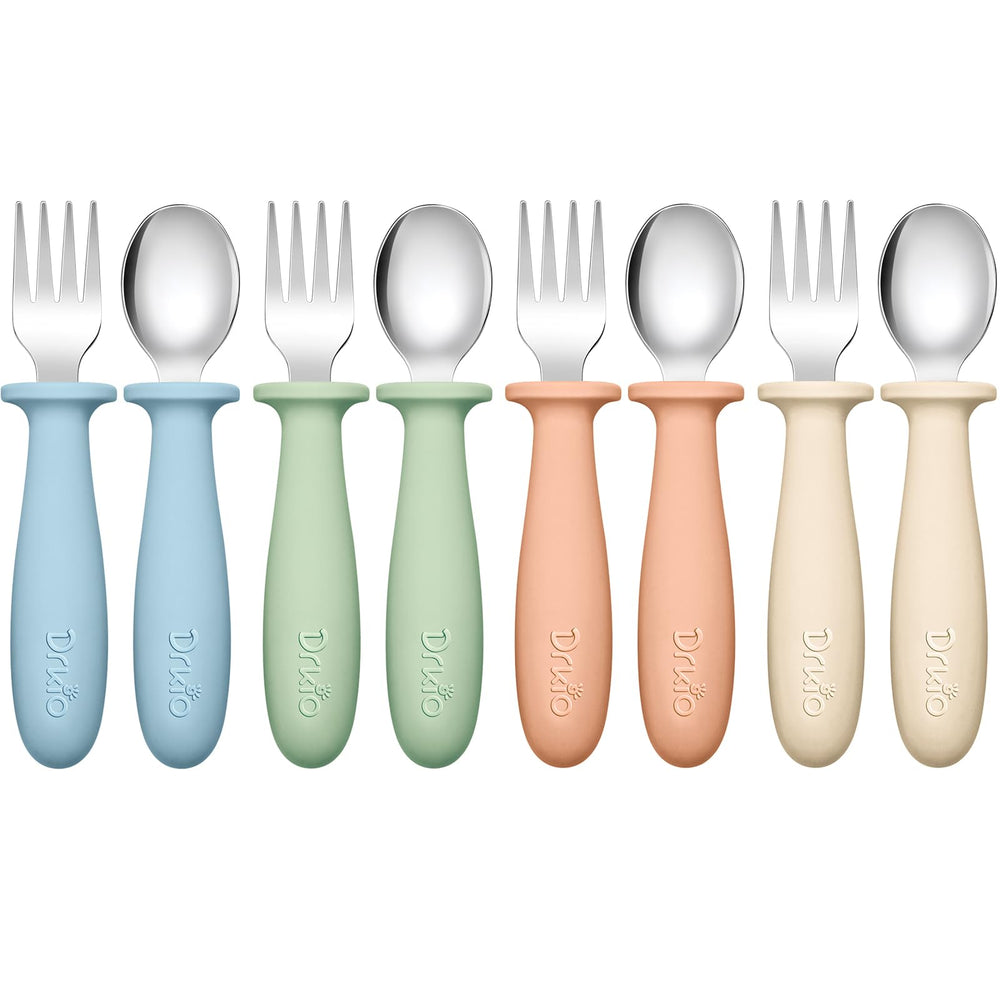 DRKIO toddler utensils with colorful handles support independent self-feeding and exploration.