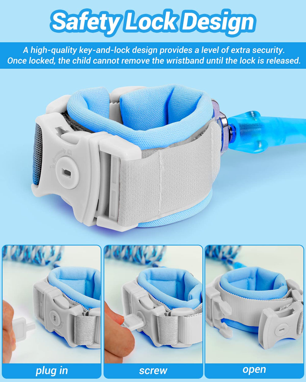 Dr.meter Kids Leash blue features breathable wristband for comfortable all-day wear.