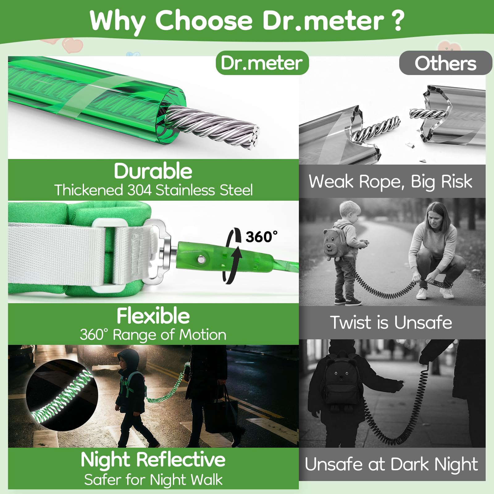 Dr.meter reflective strips boost visibility during low light outdoor moments.