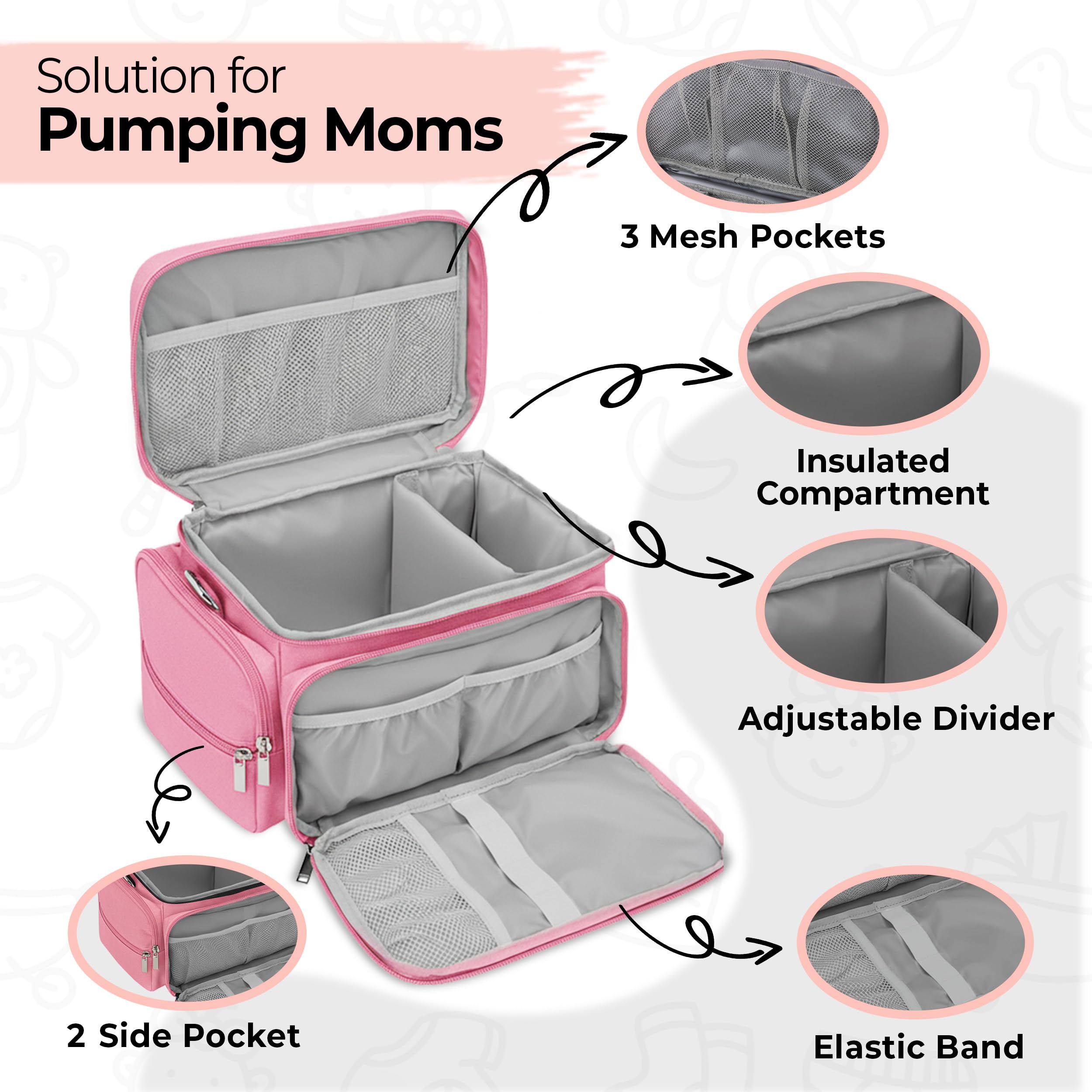 Dropereum front mesh pocket with elastic strap stores bottle brushes and milk bags
