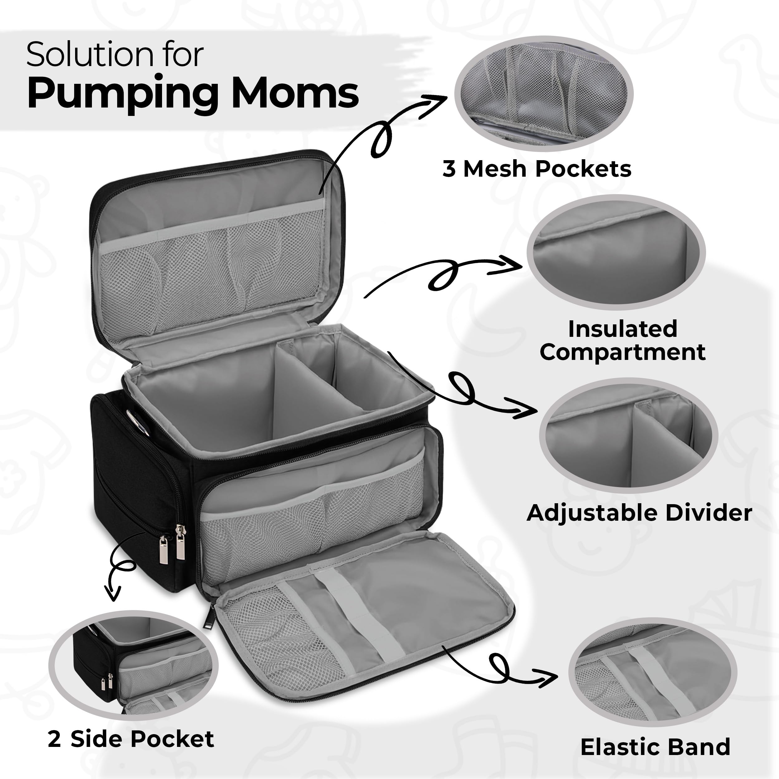 Dropereum multiple pockets keep pump parts, keys, snacks, and personal items tidy.