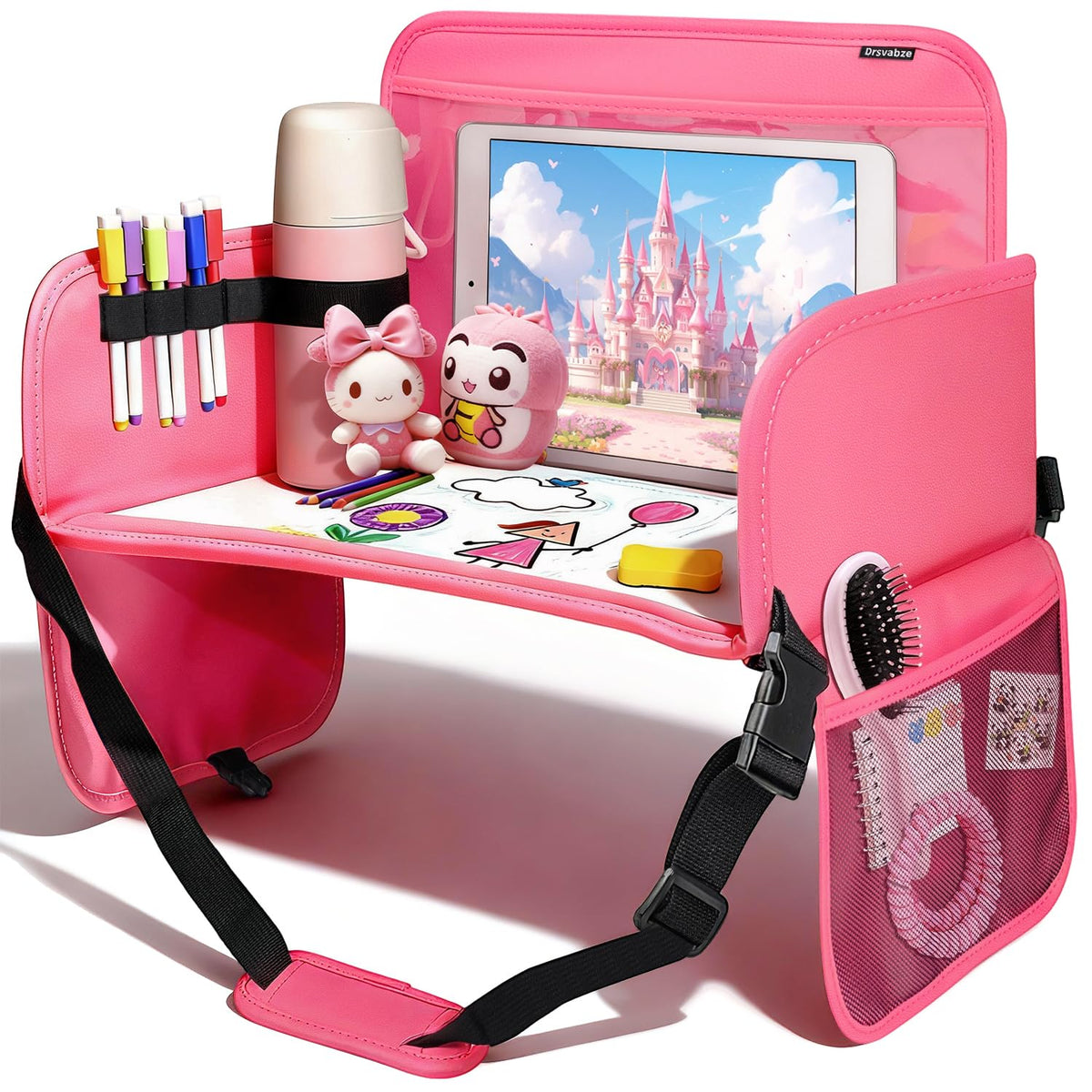 Drsvabze leather kids travel tray in pink, durable and easy to wipe clean.