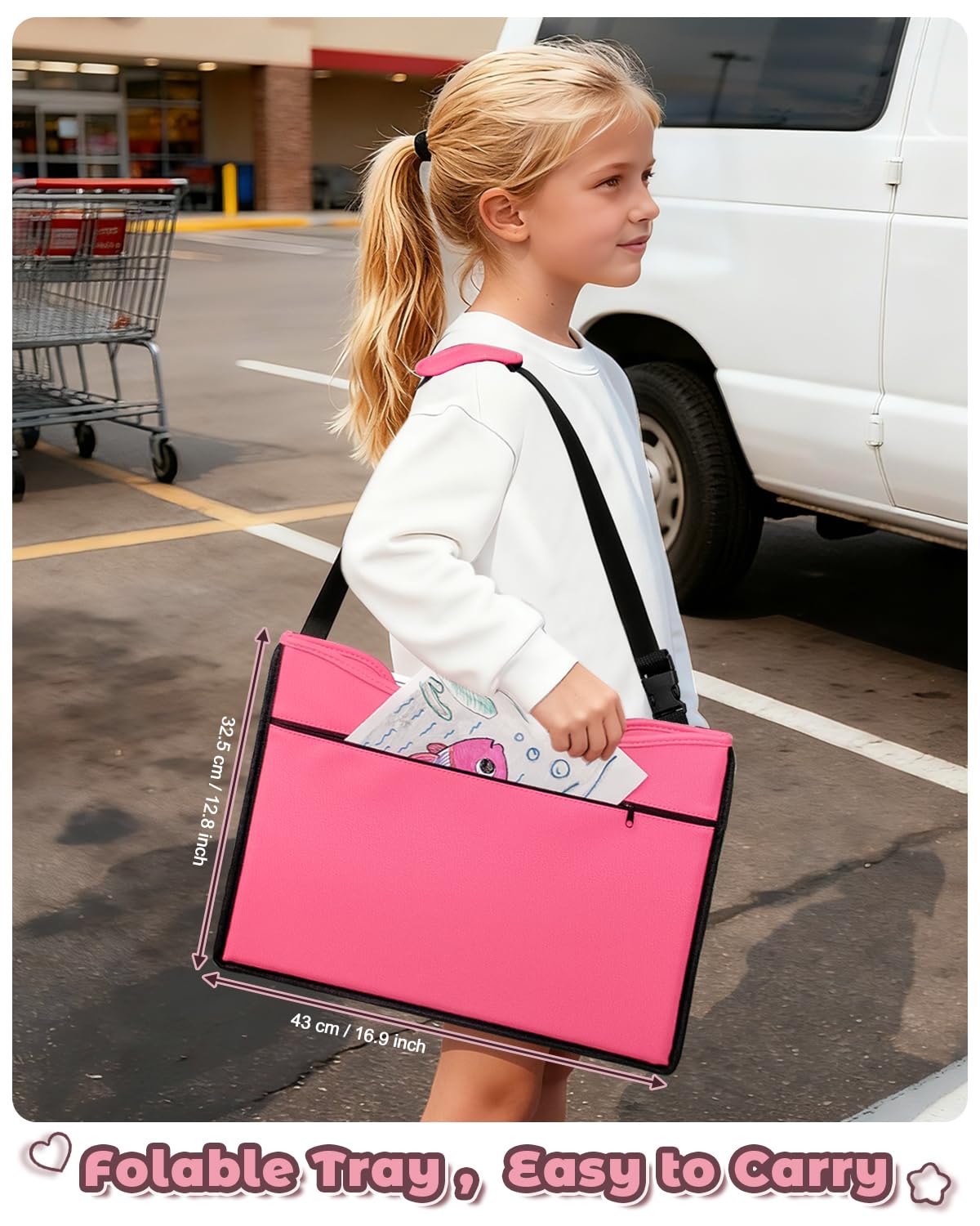 Drsvabze pink kids travel tray on a car seat during a road trip.
