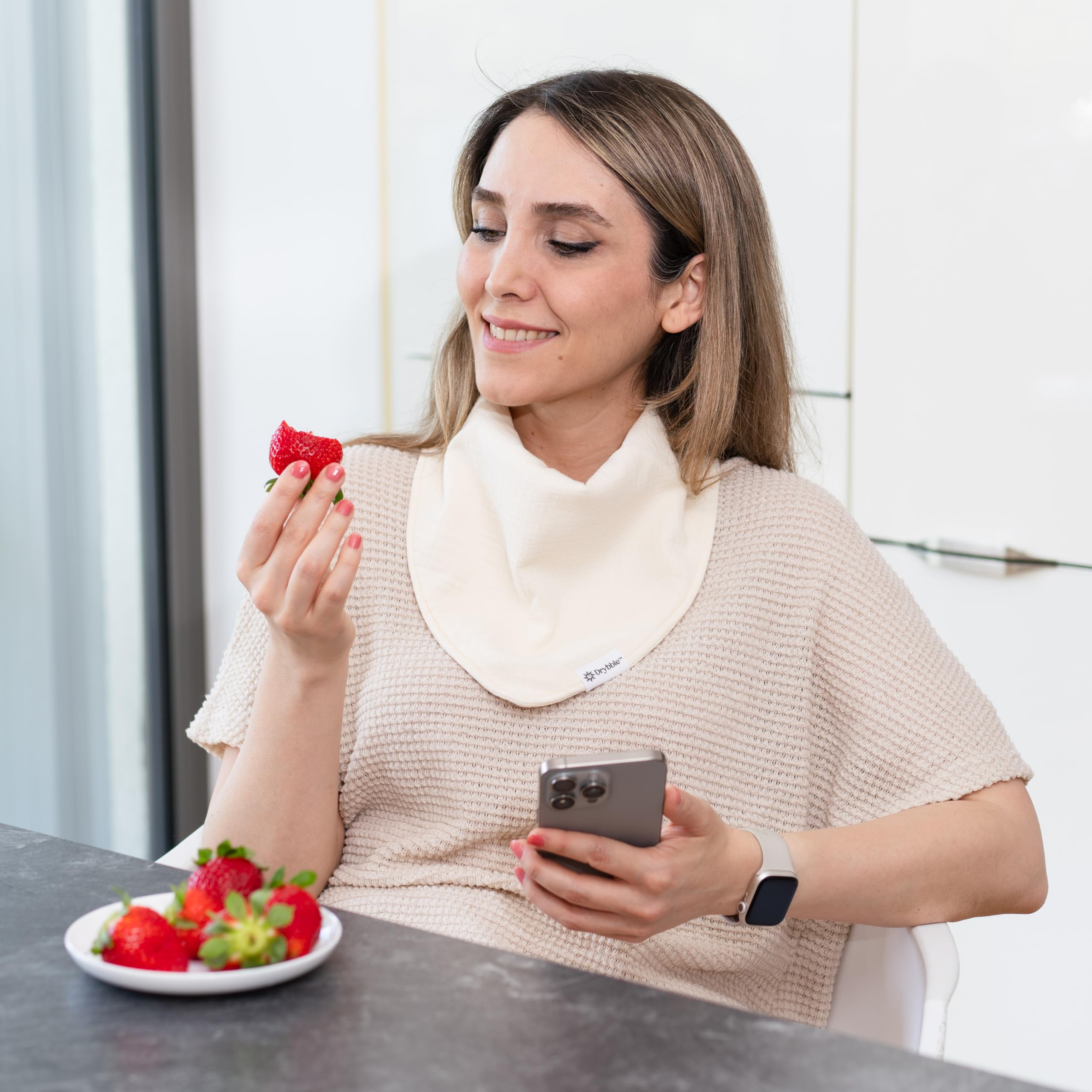 Drybble bandana bib soft skin-contact closeup underlines gentle wear.