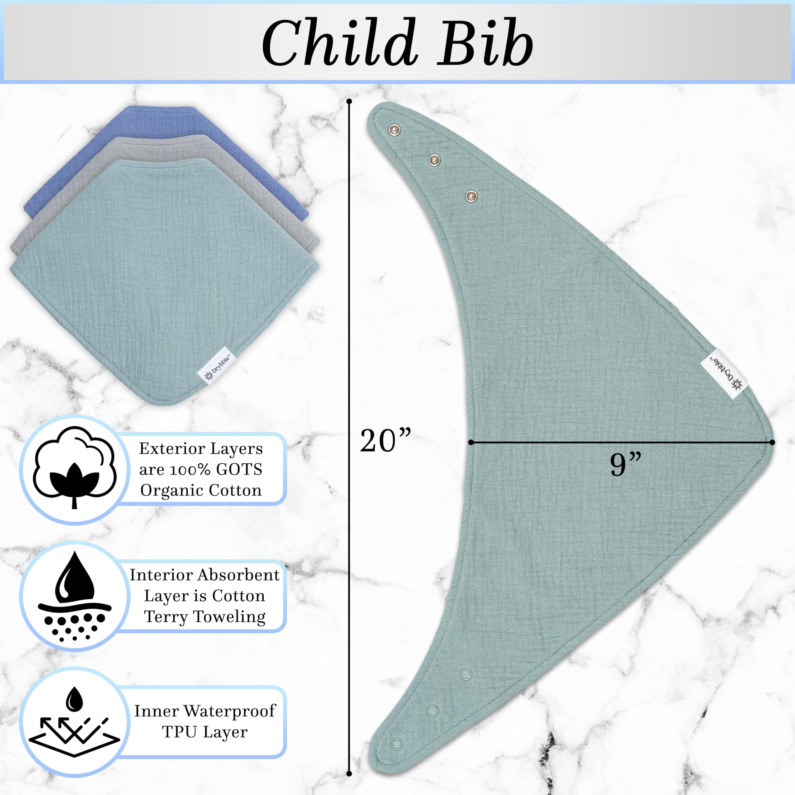 Drybble bandana bib stain-prevention closeup illustrates easier cleanup after spills.