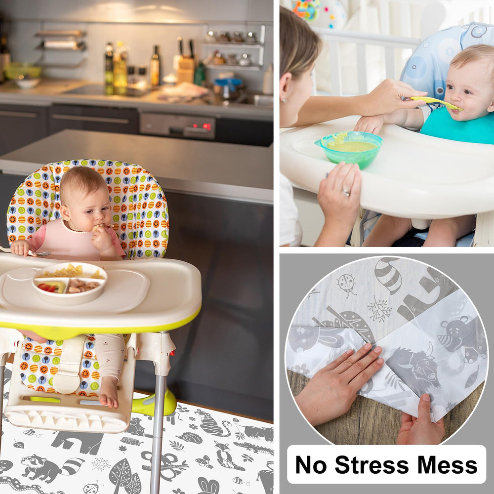 Drydiet 28x47 inch floor mat under a high chair protects surrounding surfaces.