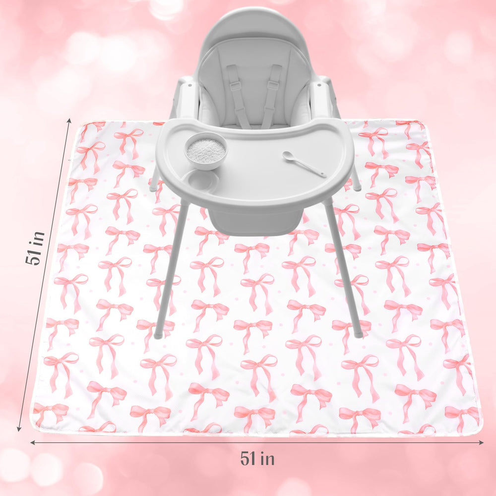 Drydiet Baby Splat Mat pink bow catch spills and crumbs easily during meals.