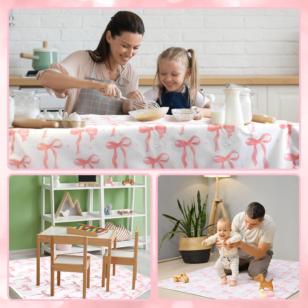 Drydiet Baby Splat Mat pink bow doubles as a clean tablecloth for crafts.