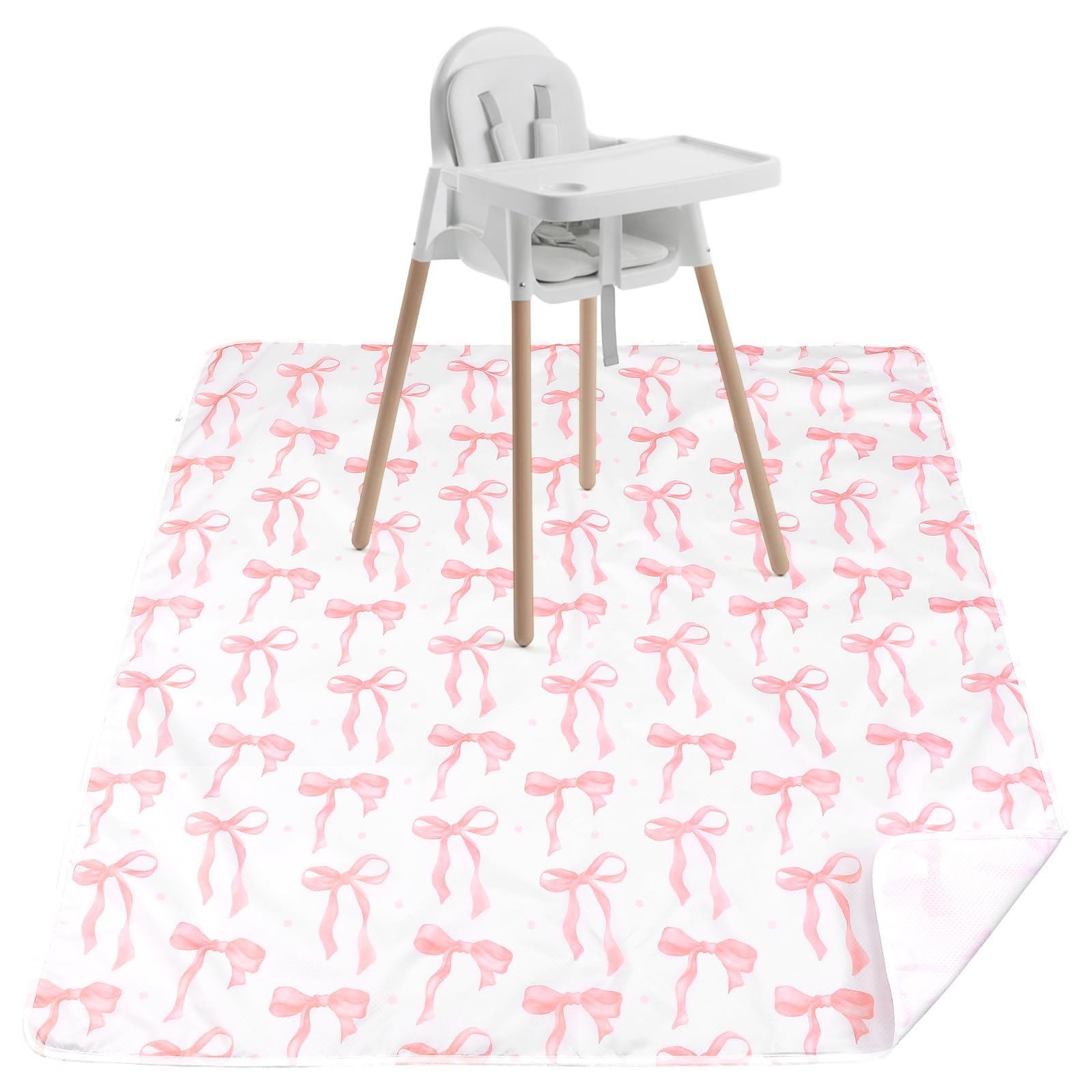 Drydiet Baby Splat Mat pink bow under high chair protects floors from spills.