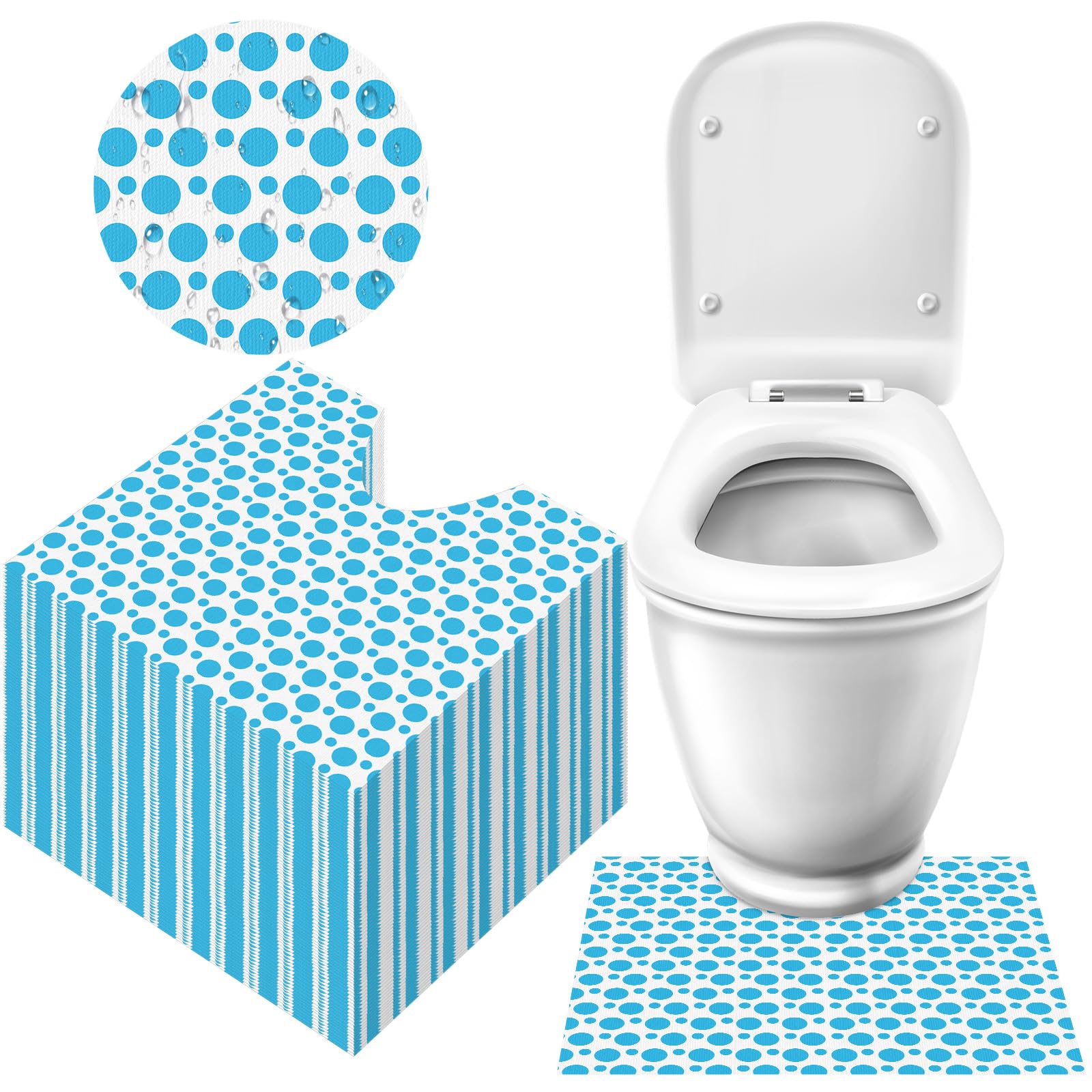 Drydiet disposable U-shaped toilet mat in white with blue dots offers slip resistant bathroom protection.