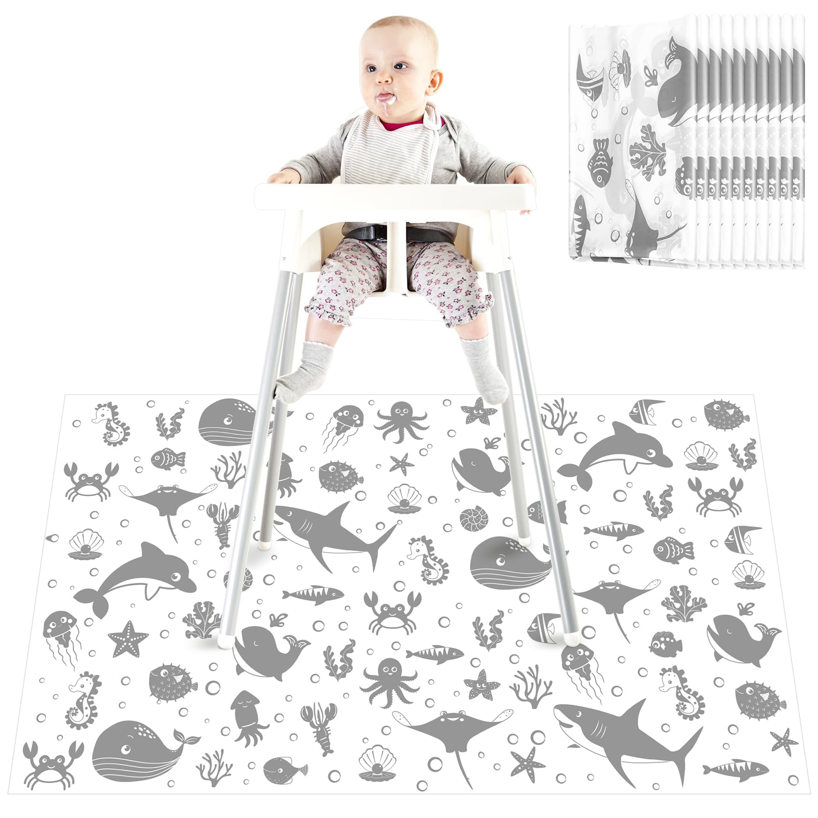 Drydiet sea animals splat mat under high chair for mess containment during meals