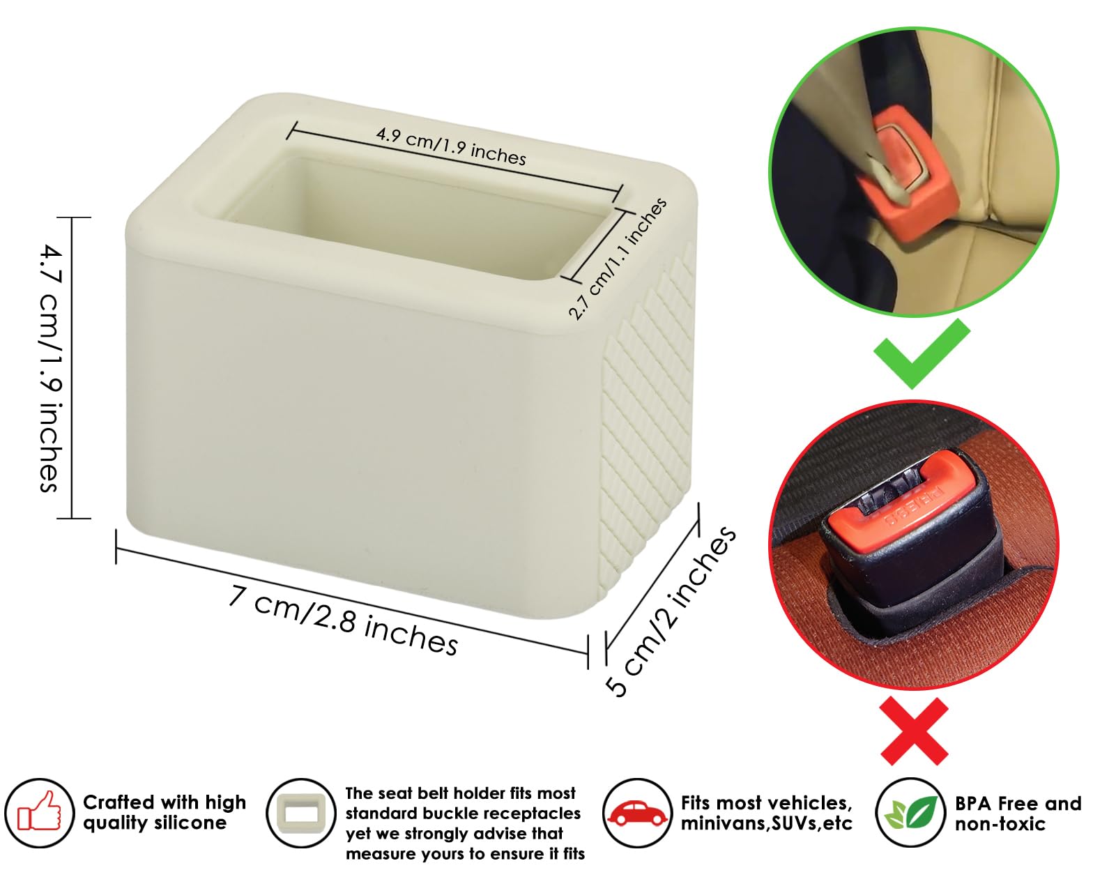 DS Distinctive Style seat belt holder beige in use demonstrates easy self-buckling for kids.
