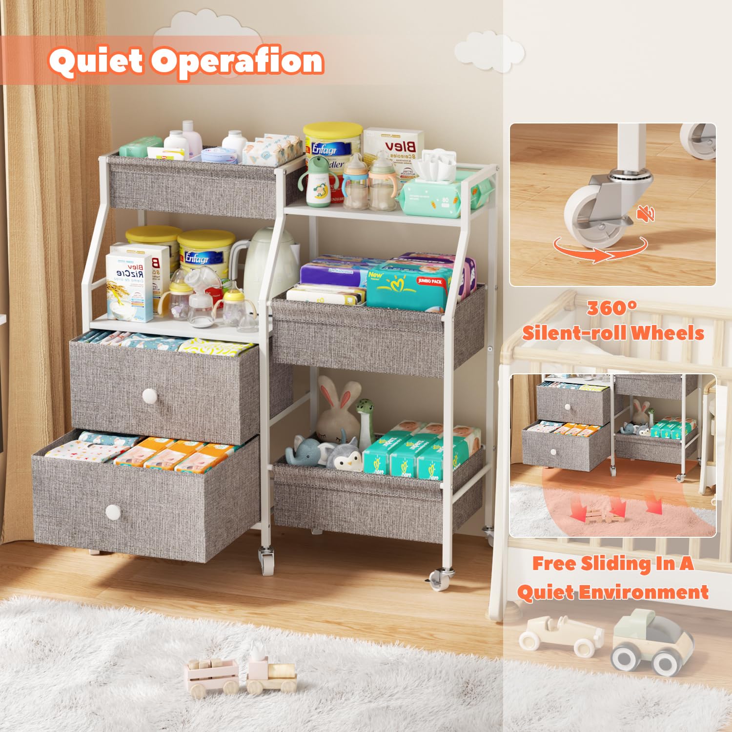 DTK Baby Diaper Caddy Cart in nursery shows rollable mobility for bedside access