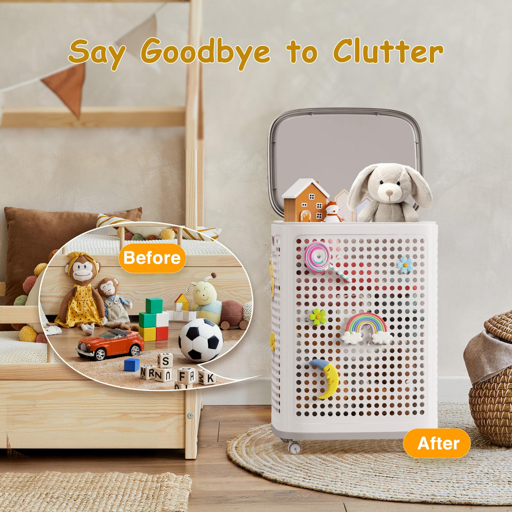 DTK toy box with wheels in living room setup for easy cleanup.