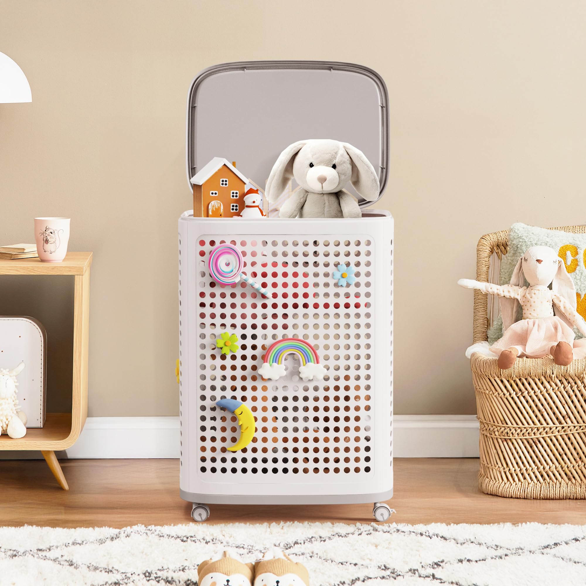 DTK toy box with wheels—front view for easy mobility and organized play areas.