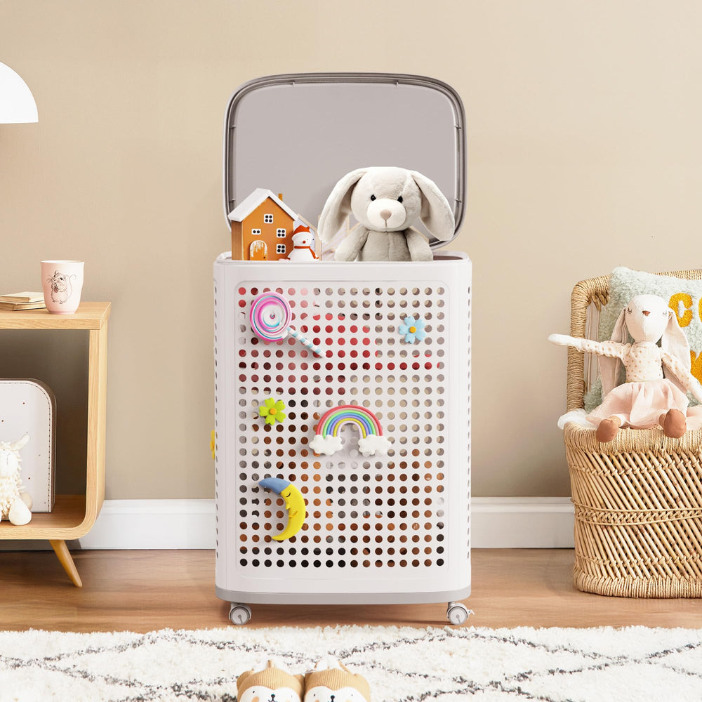 DTK toy box with wheels—front view for easy mobility and organized play areas.