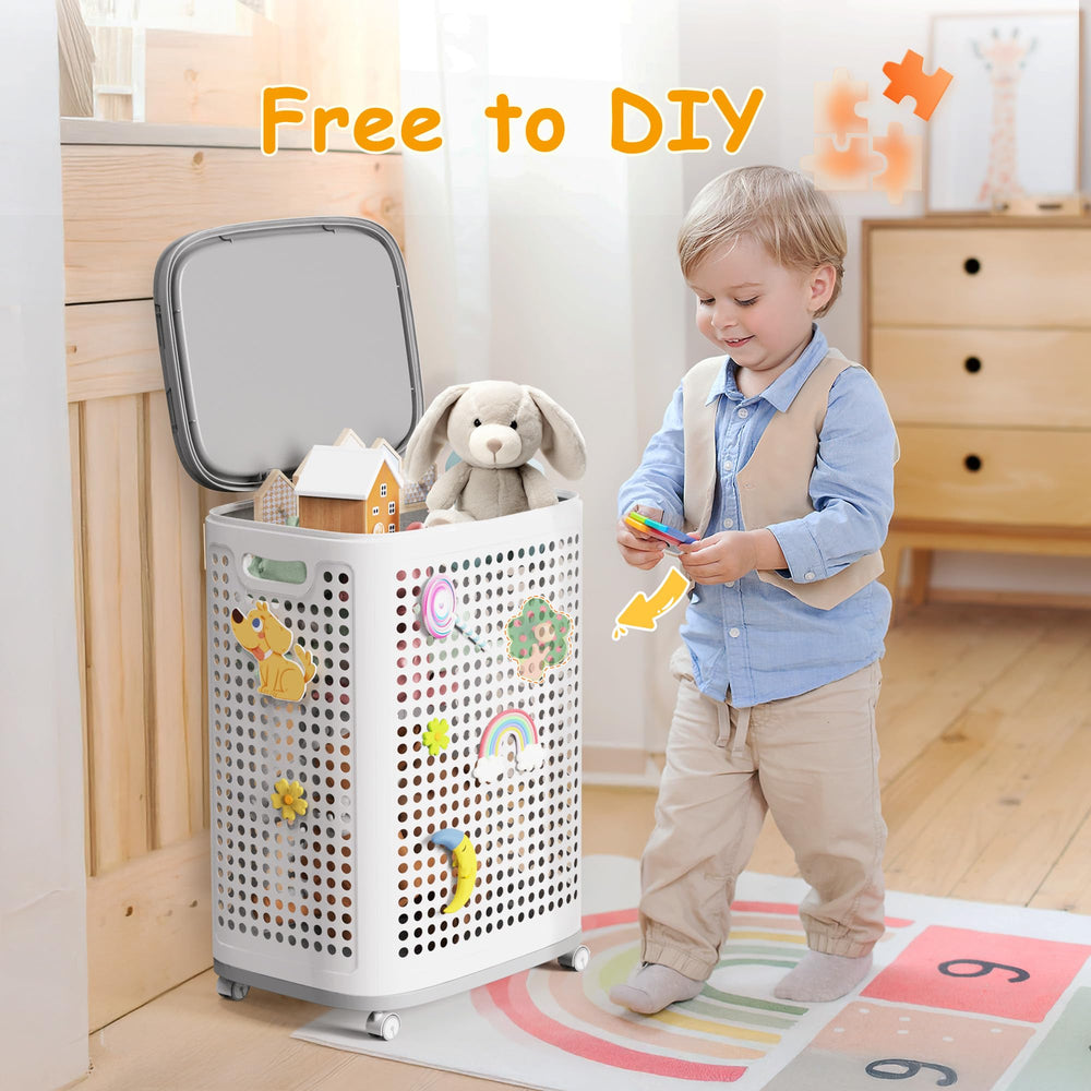 DTK toy box with wheels—side view showing portability between rooms.
