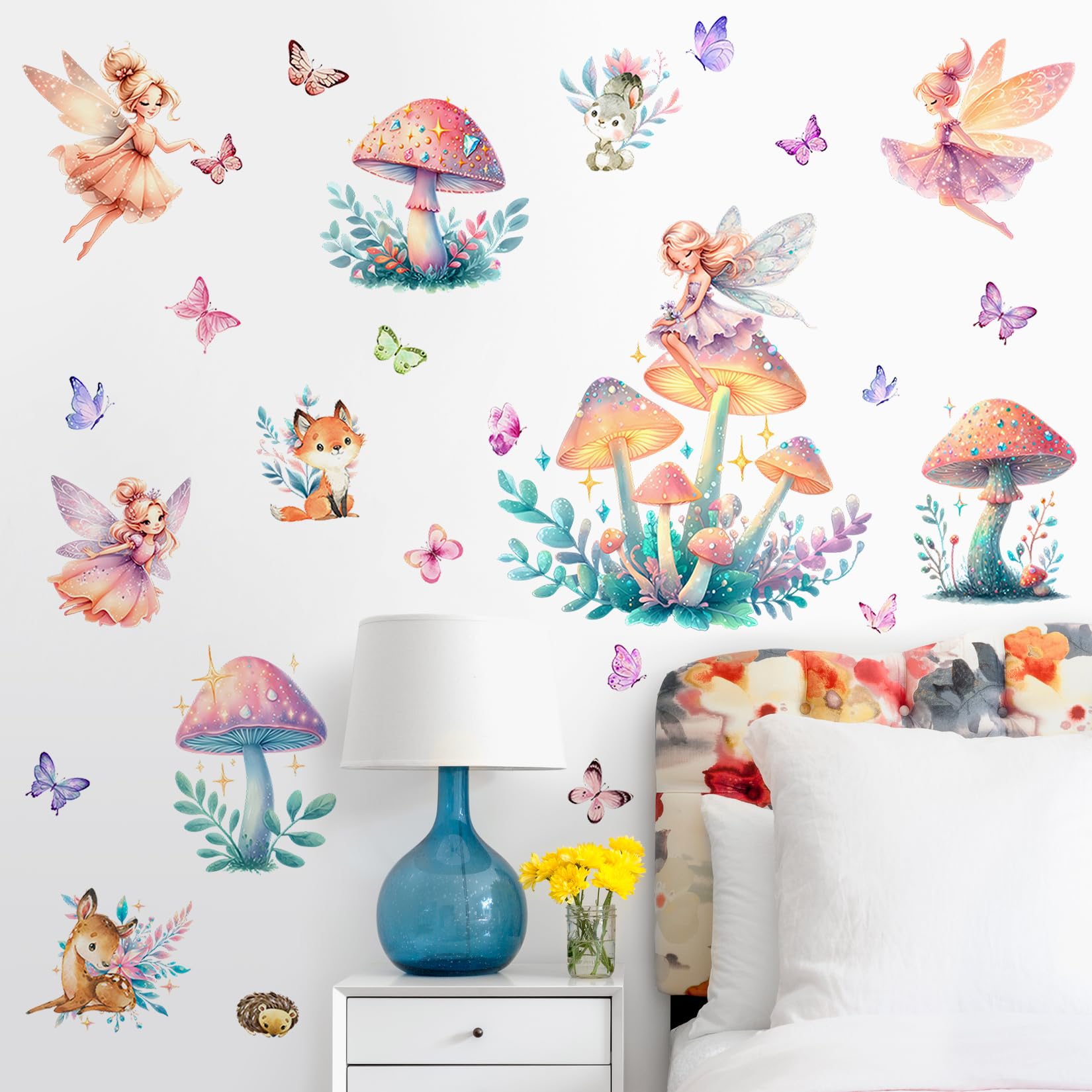 DTLIFEK Fairy Butterfly wall decal mushroom-house scene brightens kids' room with whimsical charm.