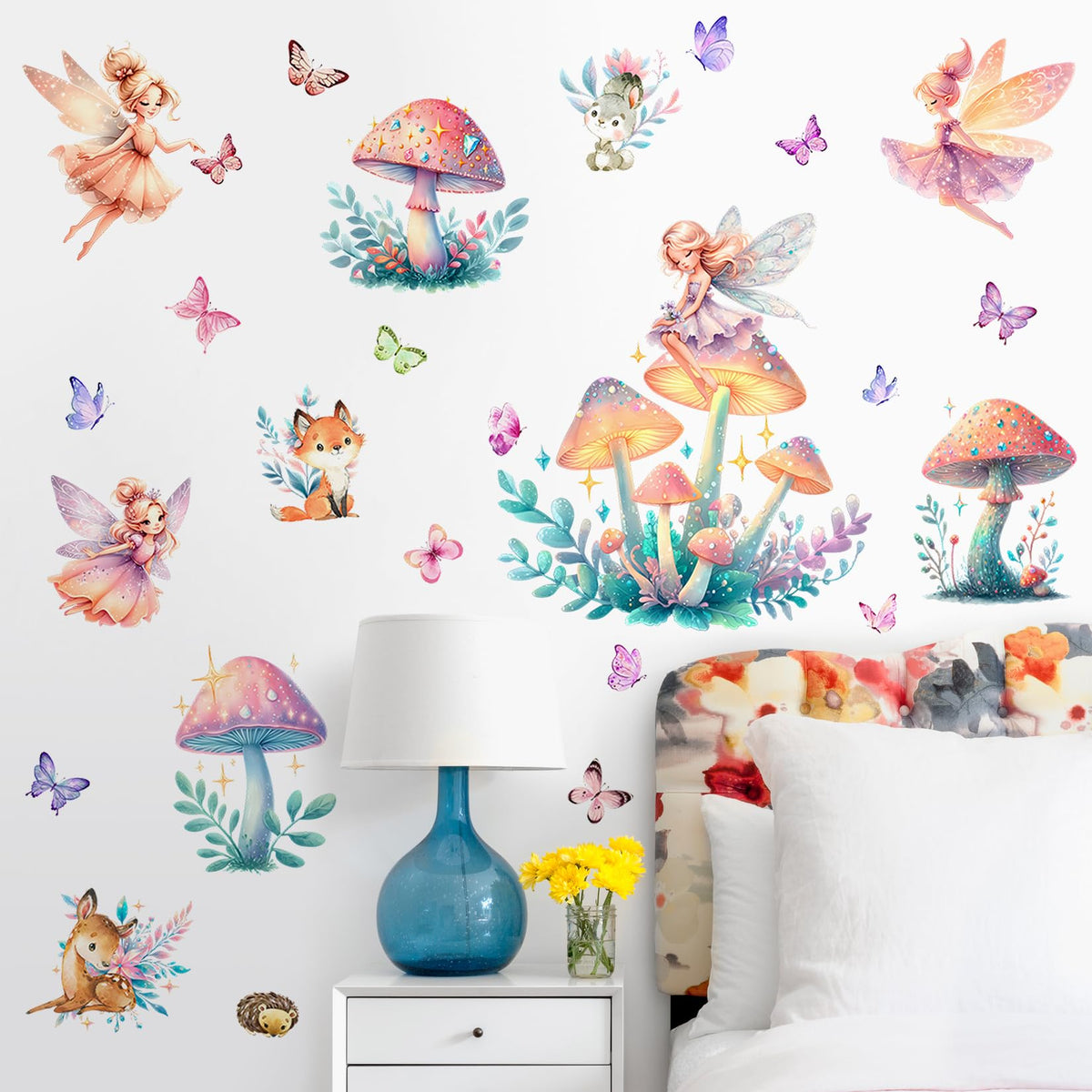 DTLIFEK Fairy Butterfly wall decal mushroom-house scene brightens kids' room with whimsical charm.