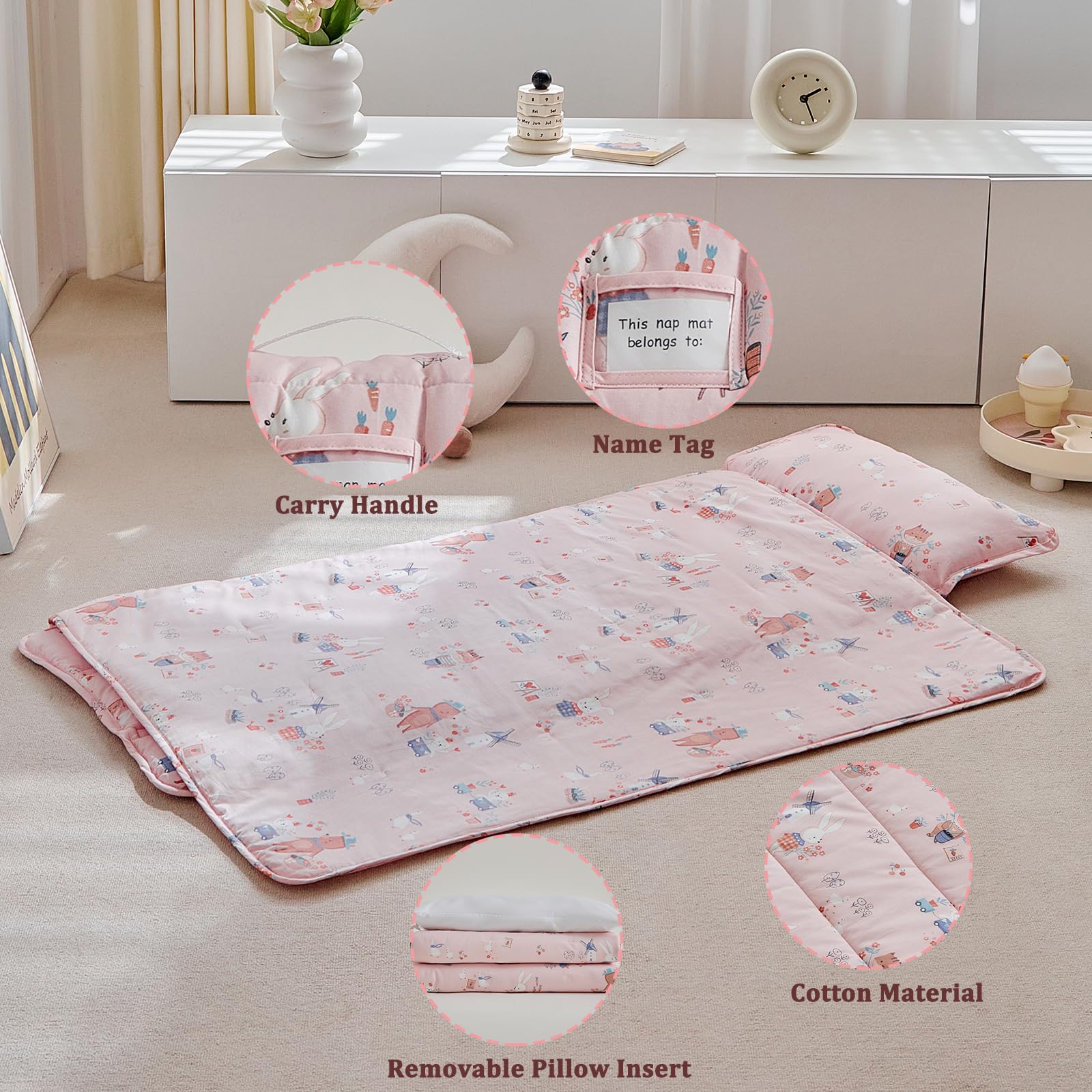 DuShow animal-pattern nap mat pink close-up highlights playful design for kids