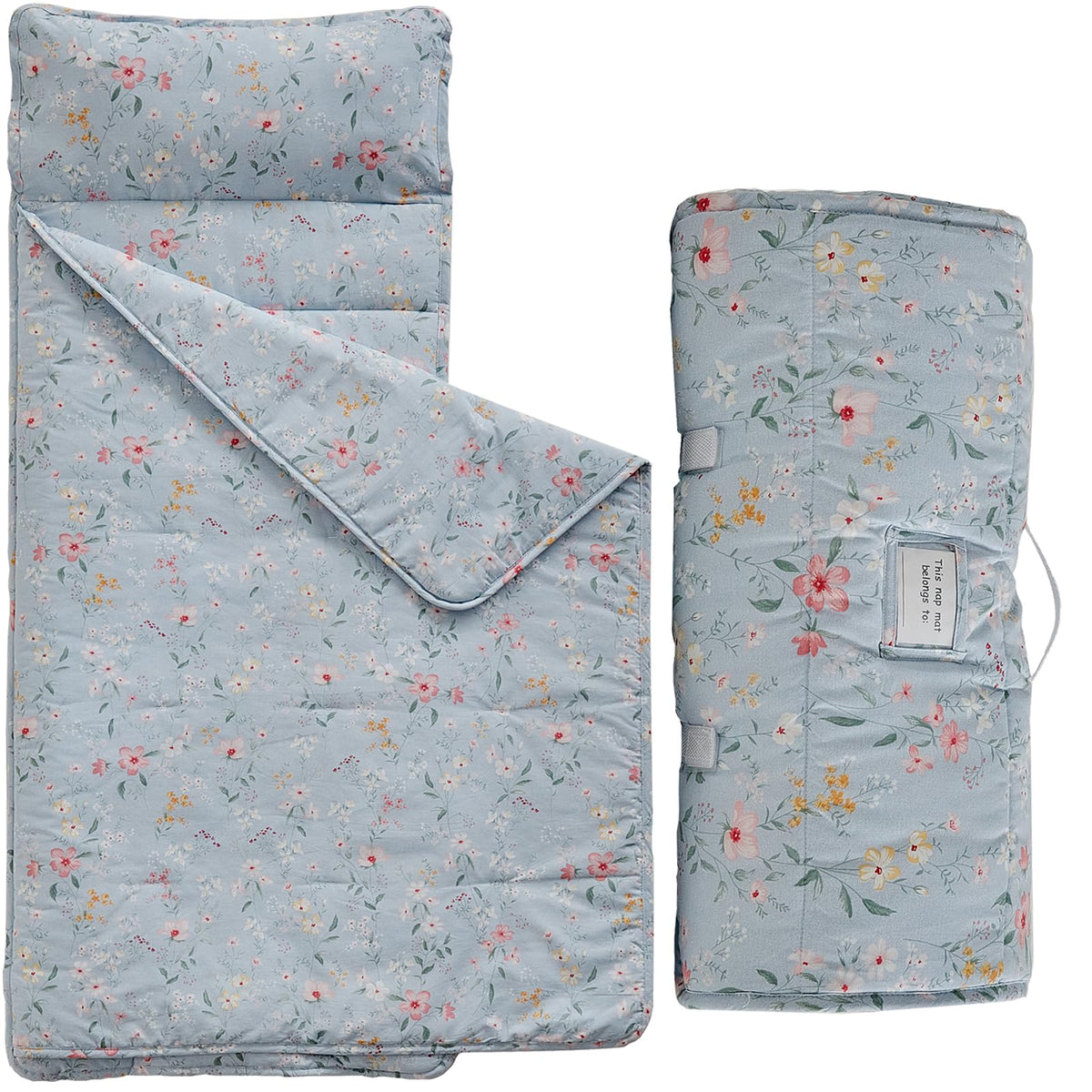 DuShow cotton toddler nap mat floral blue roll-up, portable rest for daycare.