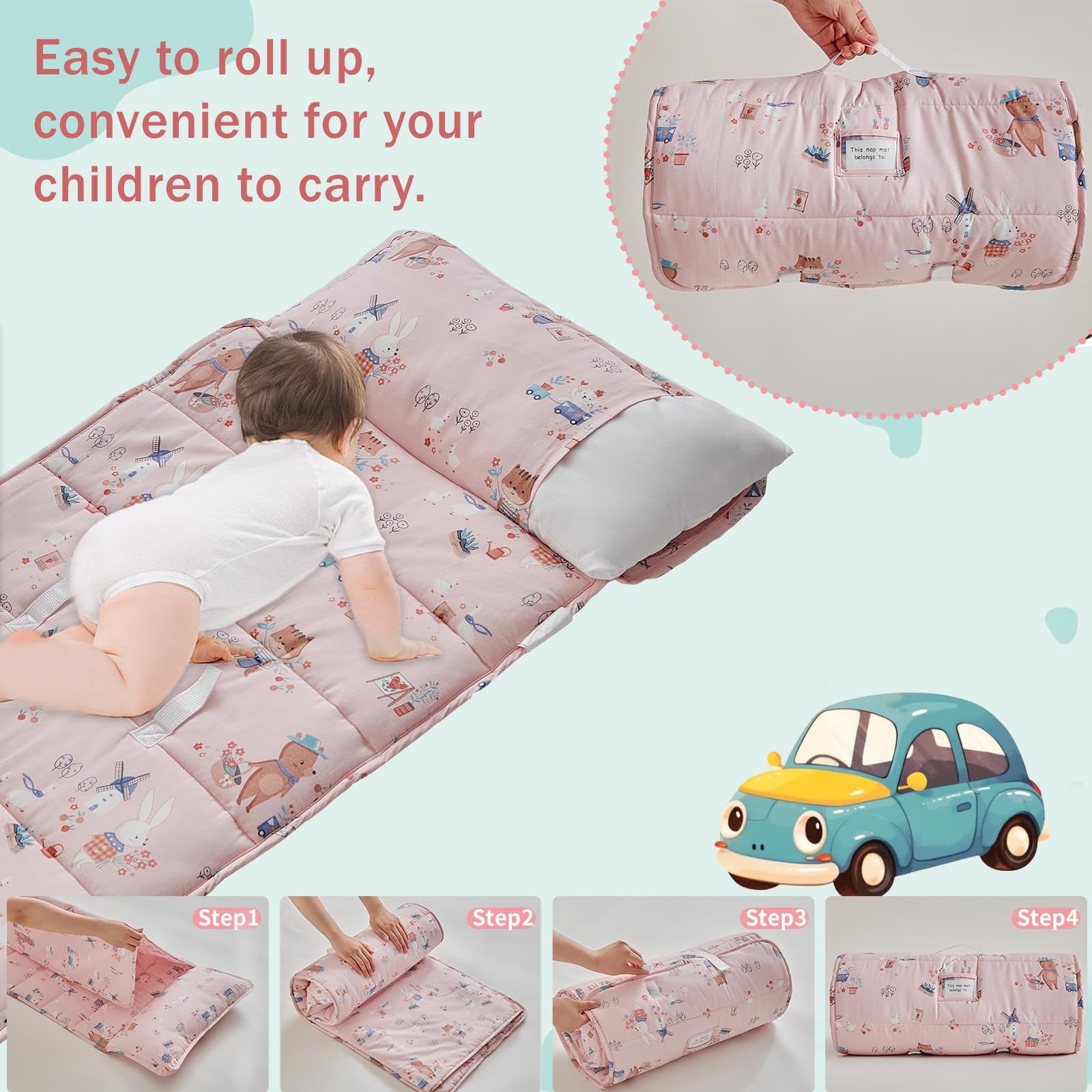 DuShow nap mat with removable pillow pink demonstrates adjustable comfort and washing
