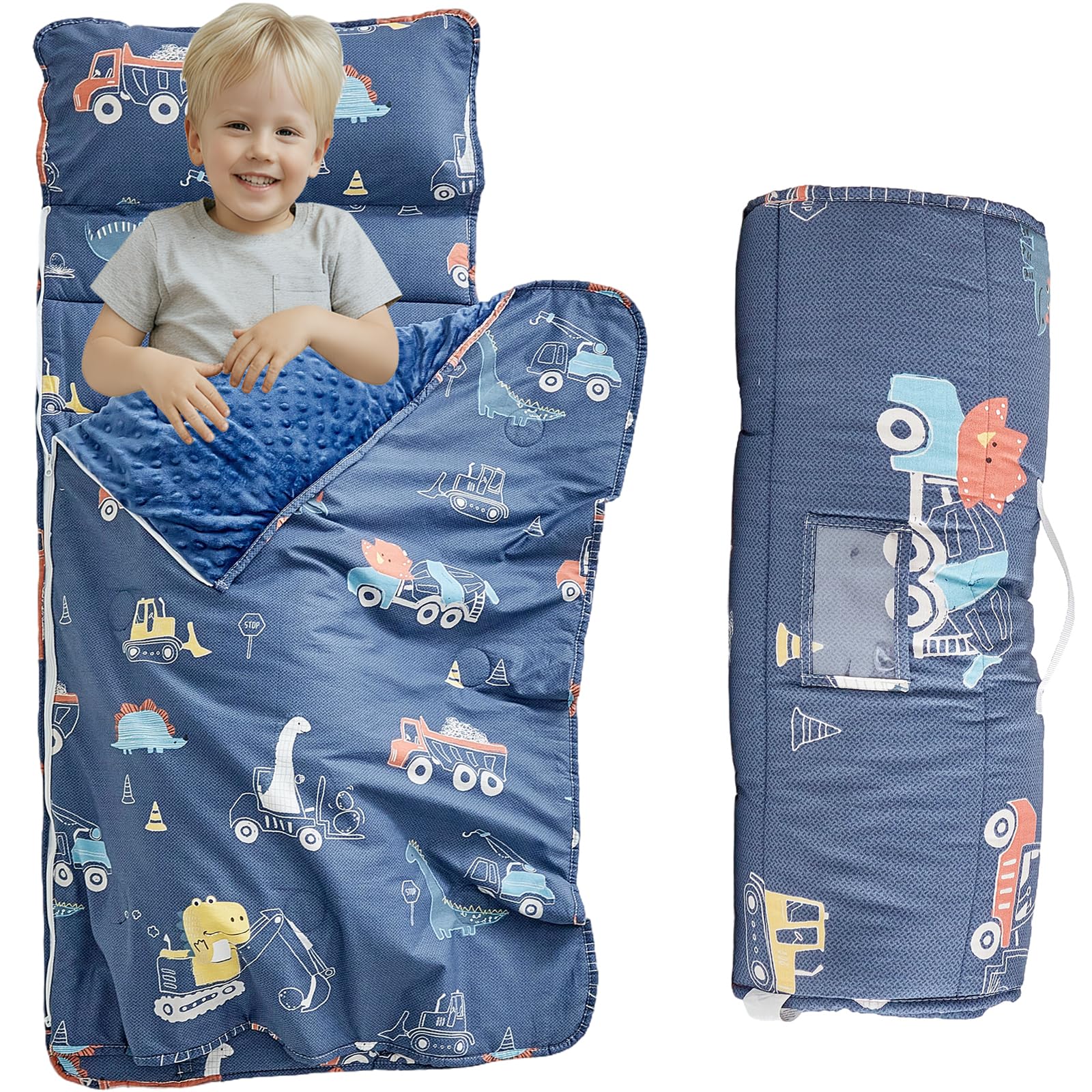 DuShow cotton toddler nap mat rolled with handle for easy transport.