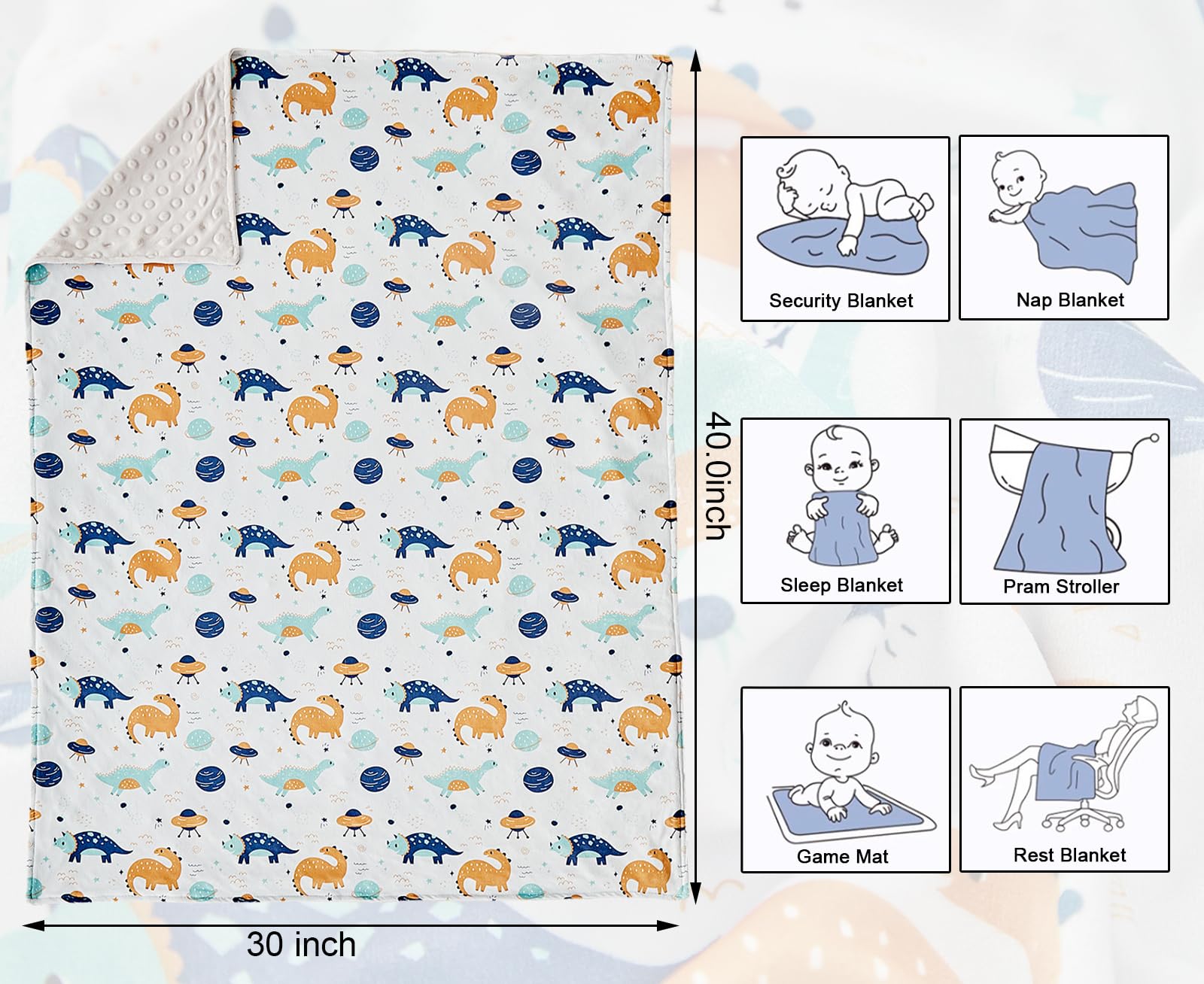 DuShow Dinosaur Blanket back view with dotted backing adds gentle warmth for rest.