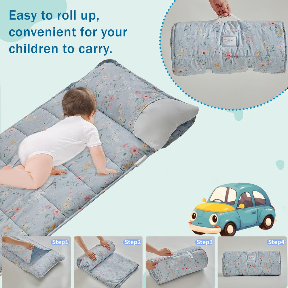 DuShow 53x21 nap mat size, fits daycare seating and floor rest.