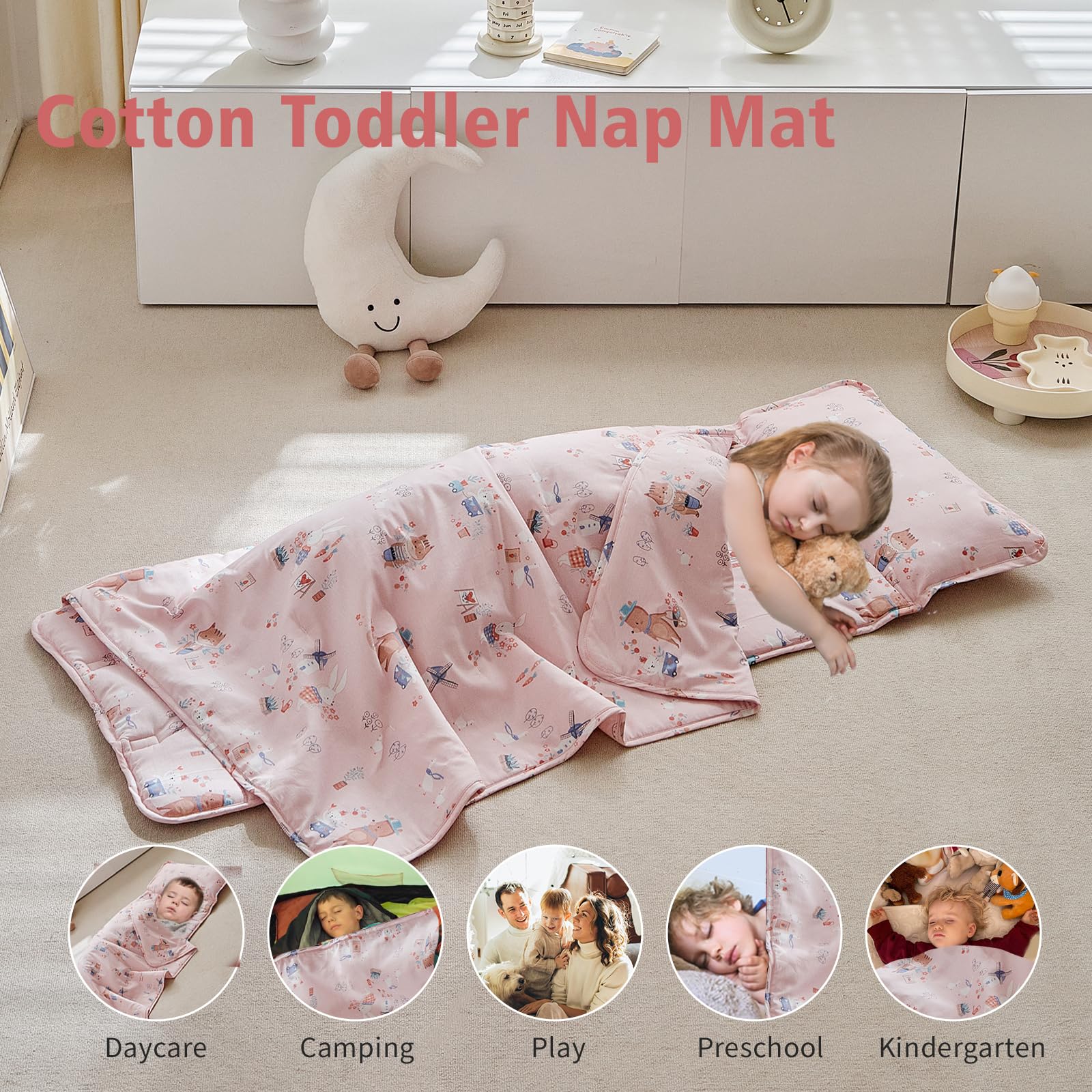 DuShow pink roll-up nap mat demonstrates compact storage for sleep time