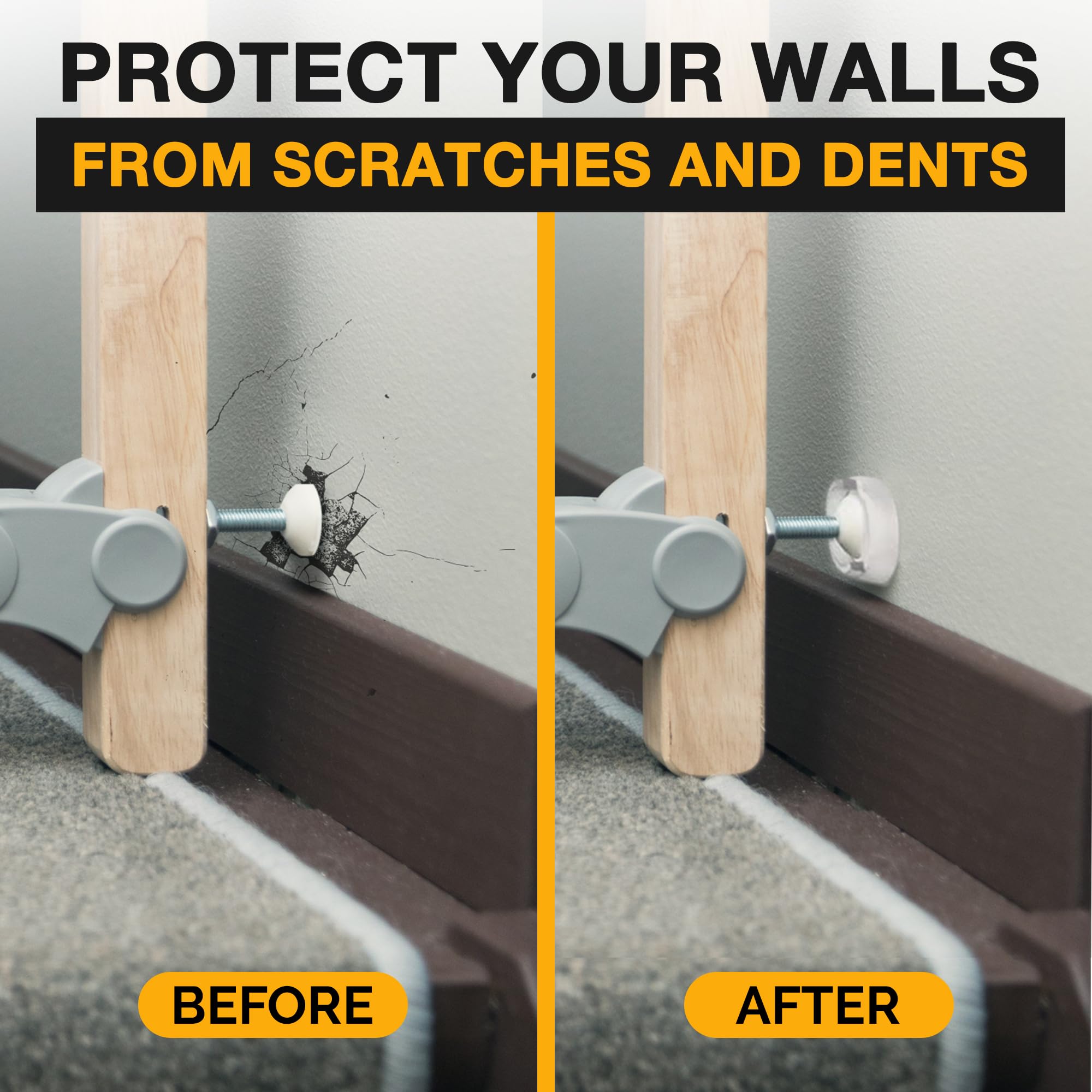 Ducki Clear wall savers baby-gate-in-use illustrates sturdy, safe wall guardians.