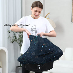 Dudeeghes breastfeeding cover in navy space print provides private feeding in public.