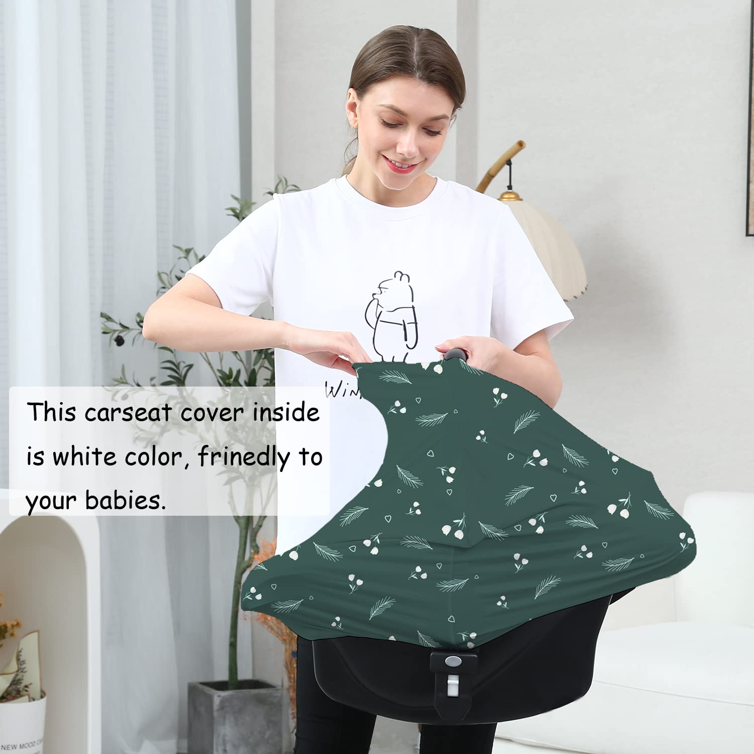 Dudeeghes car-seat cover green print inside view reveals soft interior for baby.