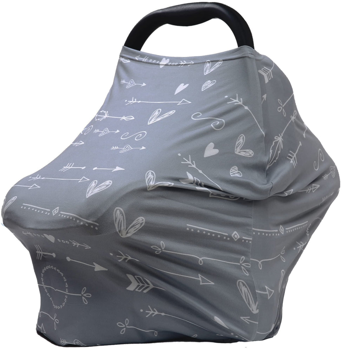 Dudeeghes baby car seat cover in grey arrows provides shade and privacy on the go.