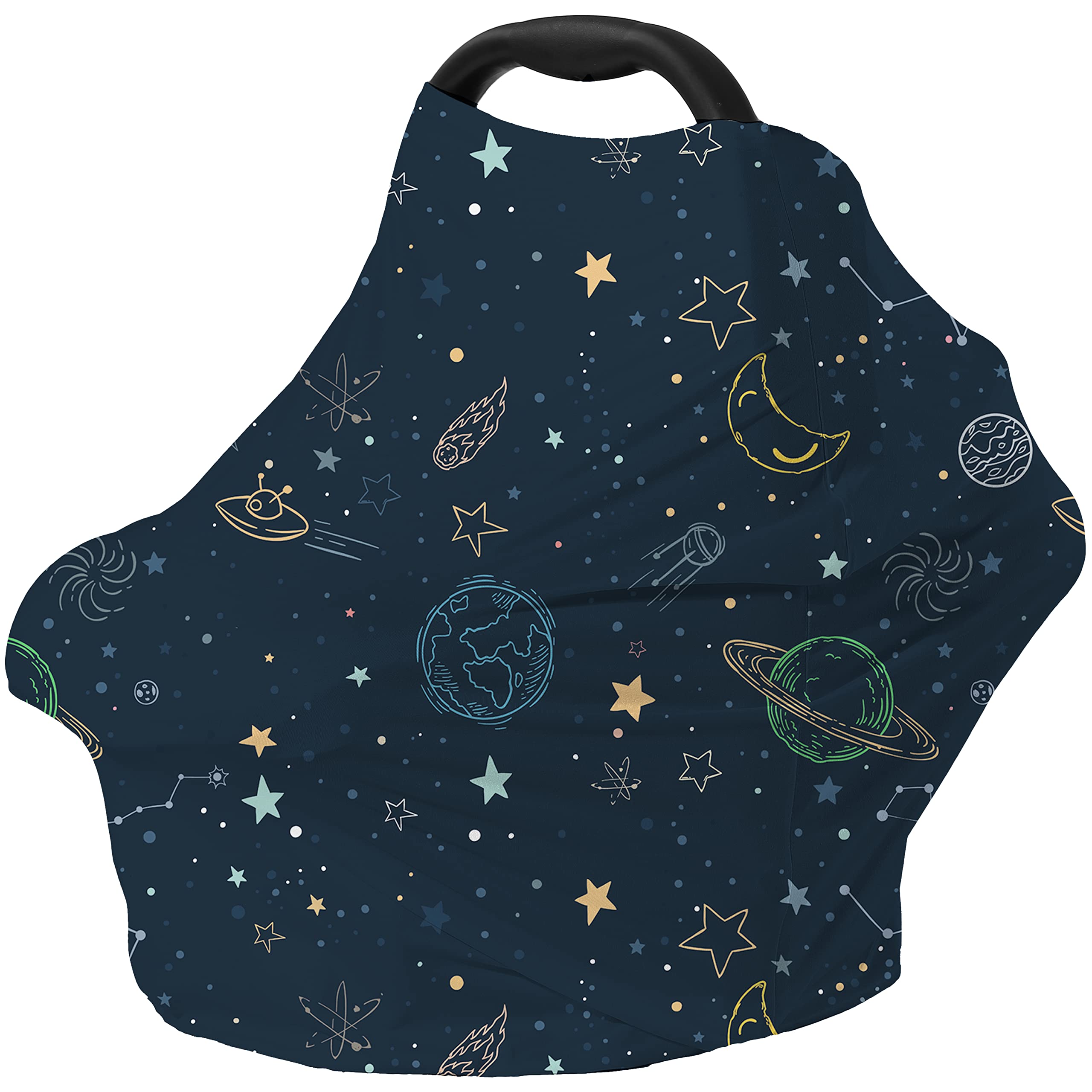 Dudeeghes car seat cover in navy space print shields sun and wind for baby.