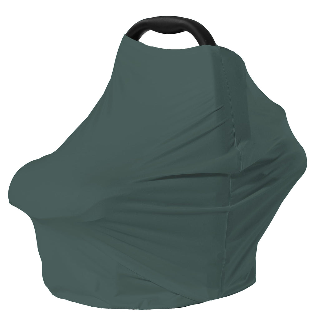 Dudeeghes car seat cover in Roman Green draped over a car seat for sun and wind protection