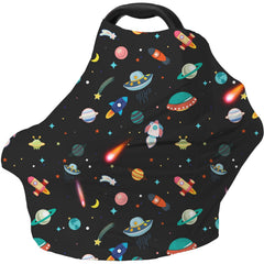 Dudeeghes carseat cover with spacecraft pattern offers private nursing on the go.