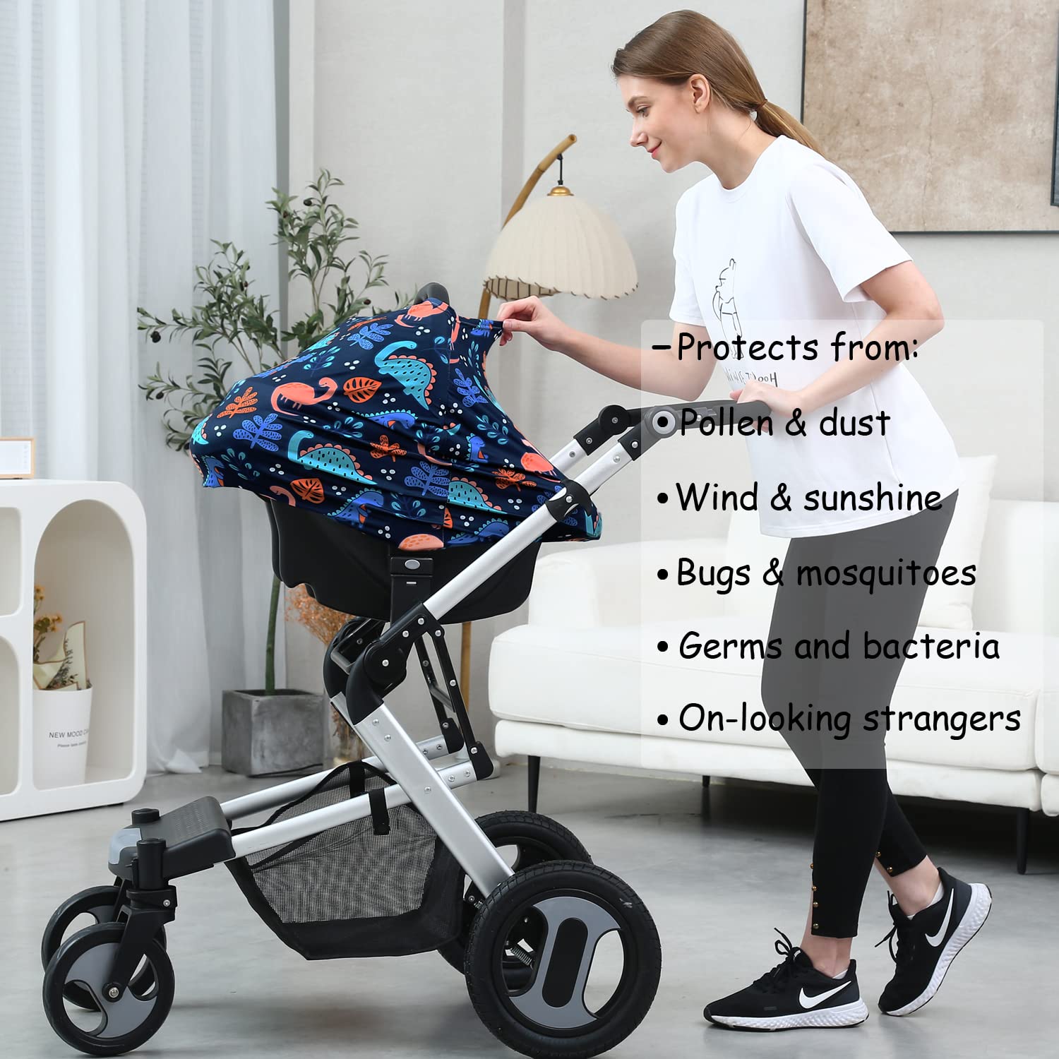 Dudeeghes stroller cover navy dinosaur providing breathable shade for baby