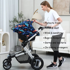 Dudeeghes stroller cover navy dinosaur providing breathable shade for baby