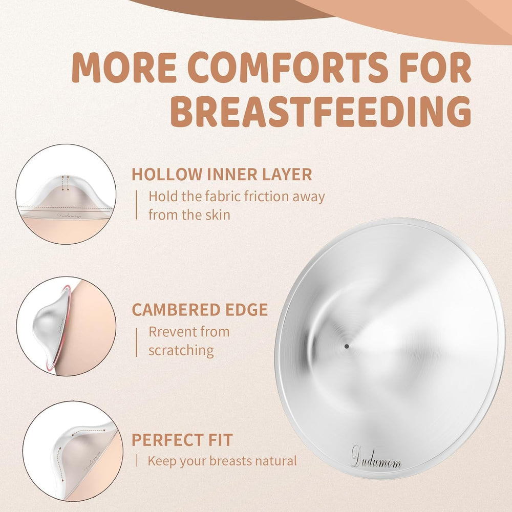 Dudumom silver nursing cups side profile shows ergonomic fit for secure, natural-feel support.