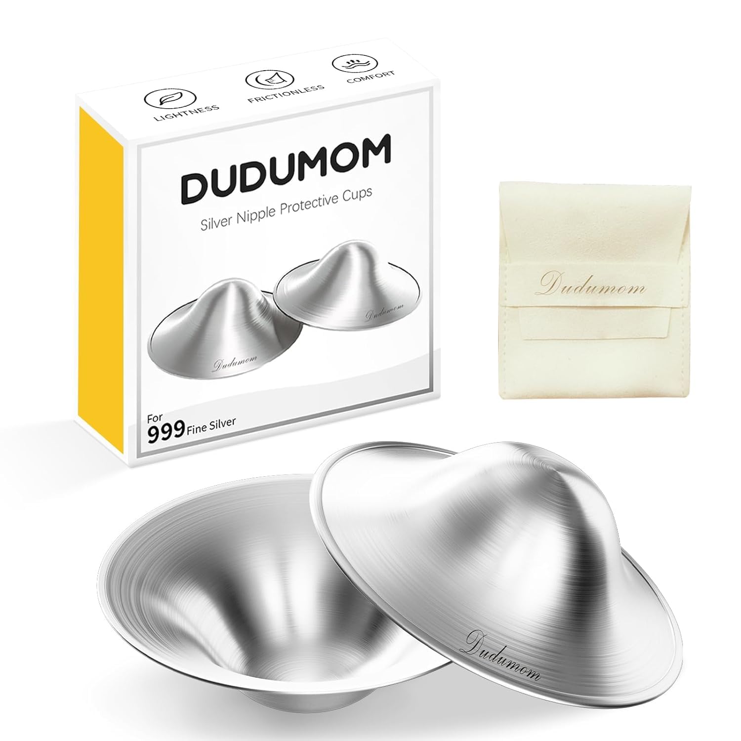 Dudumom Silver Nursing Cups closeup, pure 999 silver for gentle post-feed relief.