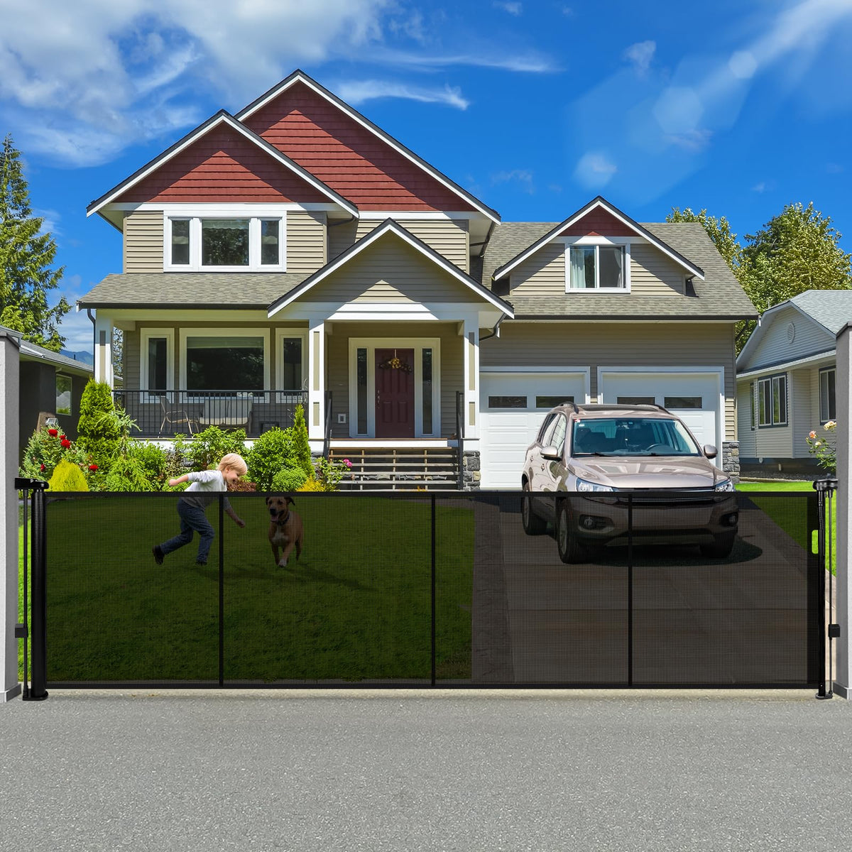 Dueelala 120in retractable gate setup showing wide opening for large spaces