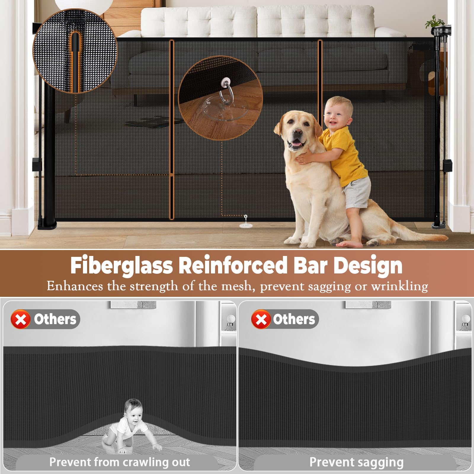 Dueelala 41in tall retractable gate close-up of durable mesh for pets