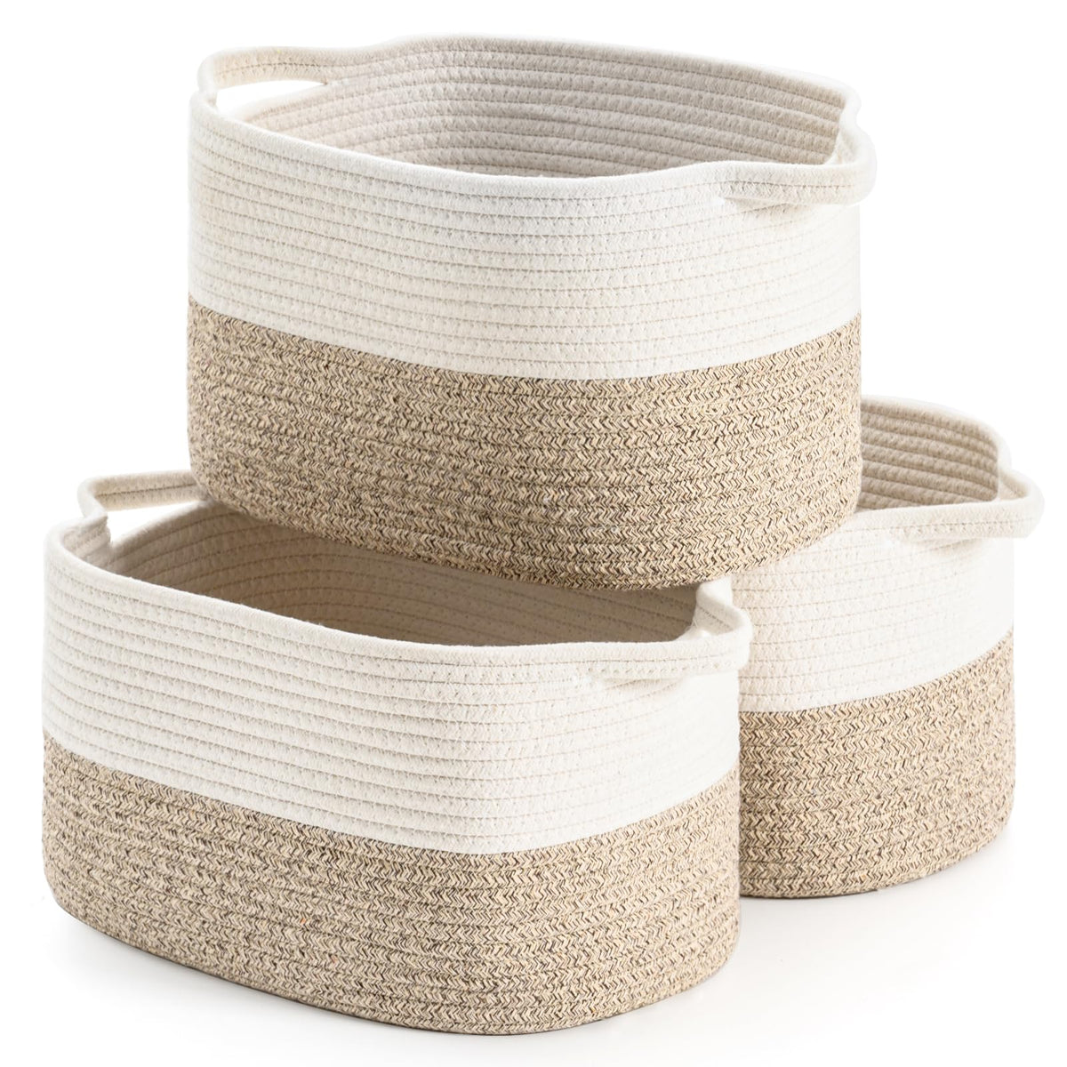DUHEL cotton rope basket set in white and brown for nursery toy organization.