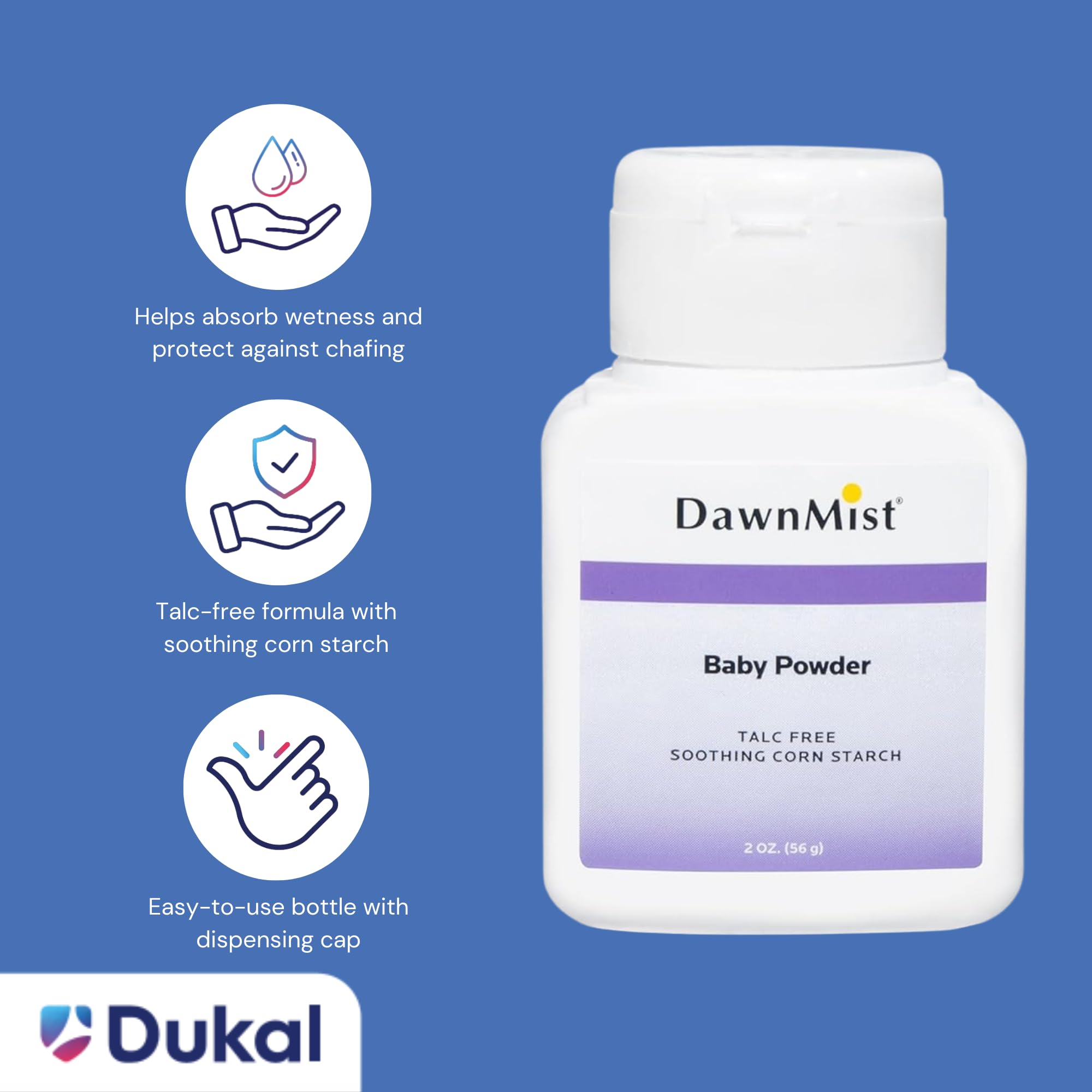 Dukal DawnMist moisture-absorbing powder provides soft skin feel