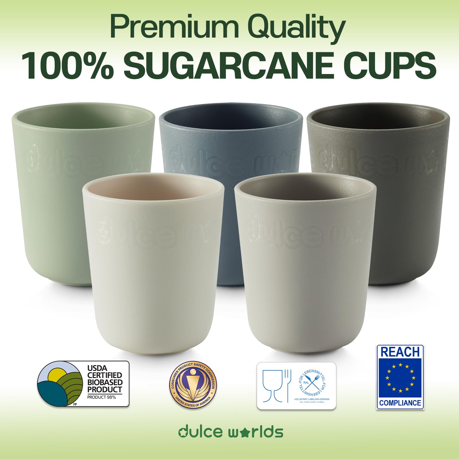 Dulce Worlds Sugarcane Kids Cup 5-pack side view highlights reusable, kid-friendly cups.